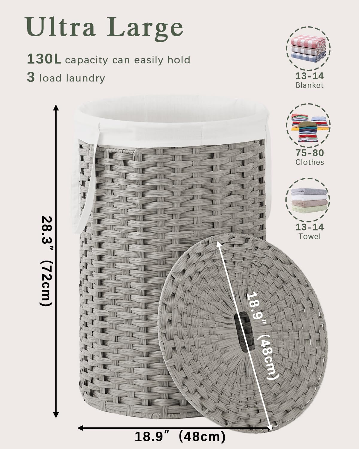Large Laundry Hamper Laundry Basket Round 34.3 Gal (130 L) Handwoven Wicker Laundry Baskets Rattan Laundry Basket with Laundry Bag Handles 2 Mesh Bags for Living Room Bedroom Gray