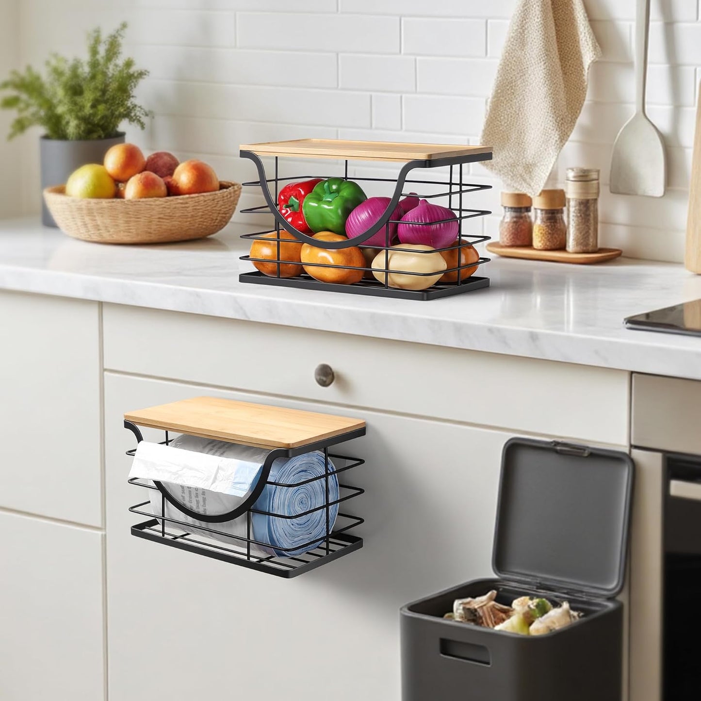 Extra Large Trash Bag Holder Under Sink 2 Pack Stackable Kitchen Storage with Bamboo Lid, Garbage Bag Dispenser Roll Holder, Pantry Organizers Wall Mounted Laundry Room Organization Storage