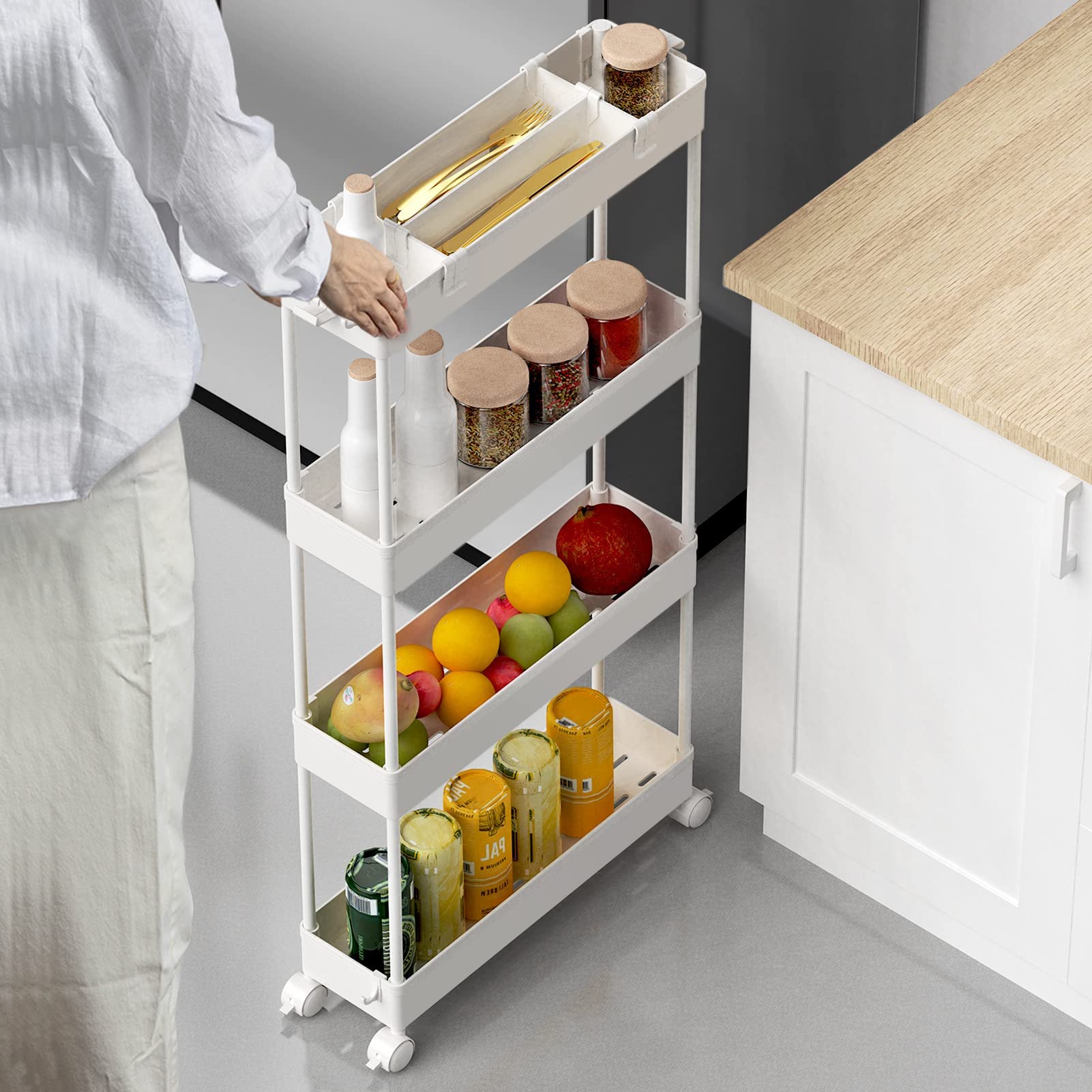 SPACELEAD Slim Storage Cart 4 Tier,Bathroom Organizer Rolling Utility, Mobile Shelving Unit Slide