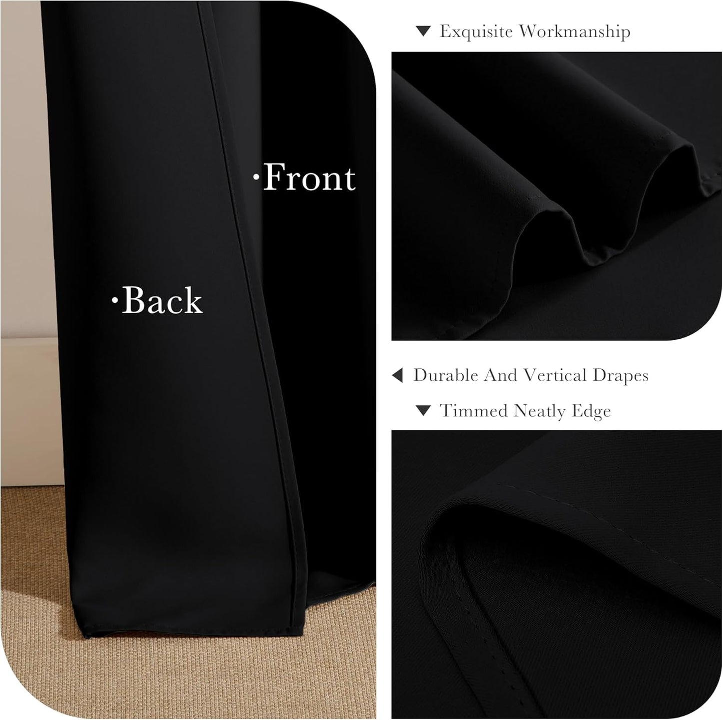 Pony DACNE Black Blackout Curtains for Bedroom 2 Panels Set - Light Reducing Solid Grommet Thermal Insulated Window Black Out Drapes for Living Room, 42 Wide by 60 inch Long