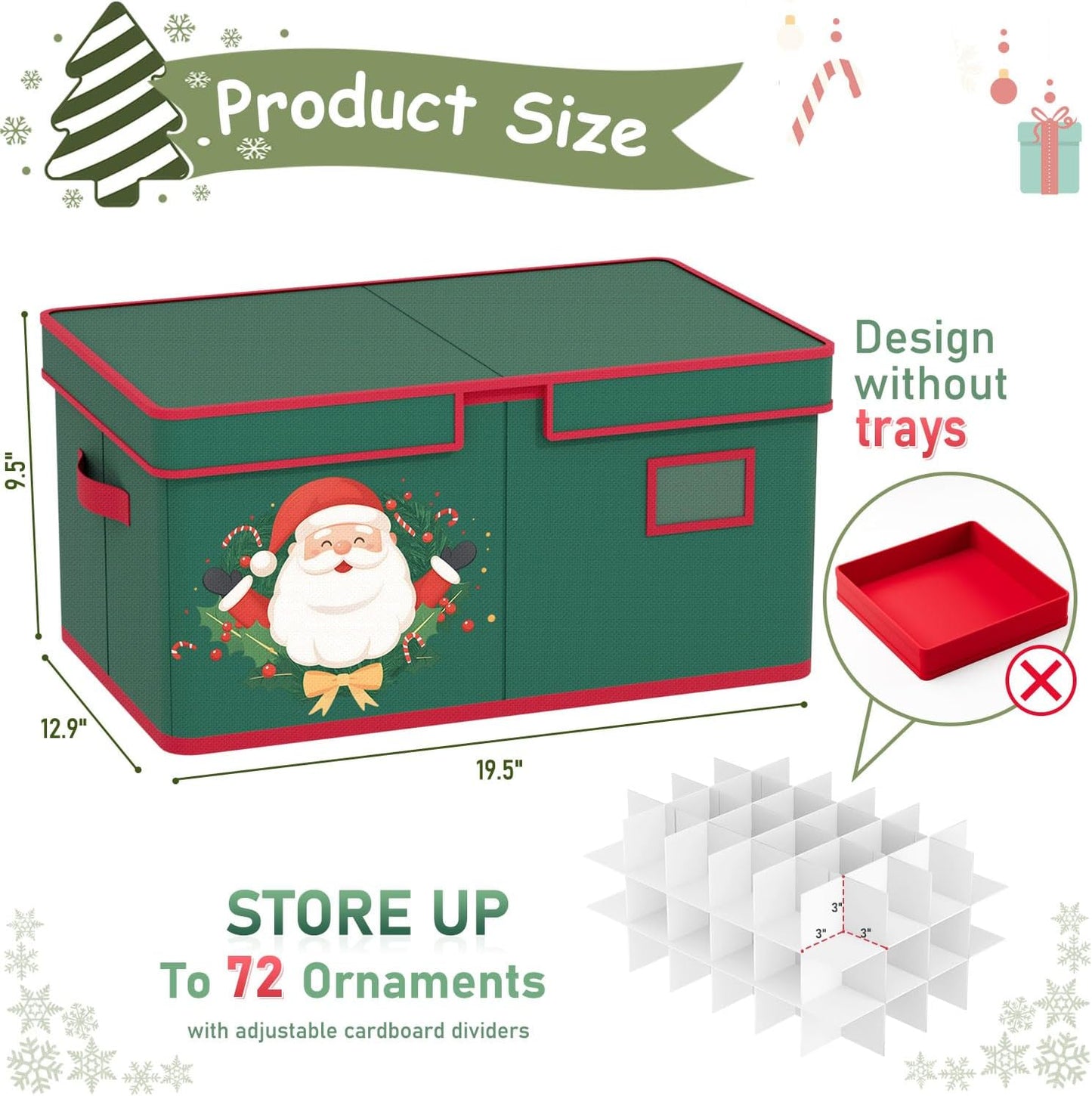 Christmas Ornaments Storage Box with Adjustable Divider Christmas Ornaments Storage Containers Fits 72 of 3 Inch Ornaments 600D Oxford Material Ornament Organizer Storage Box for Storage