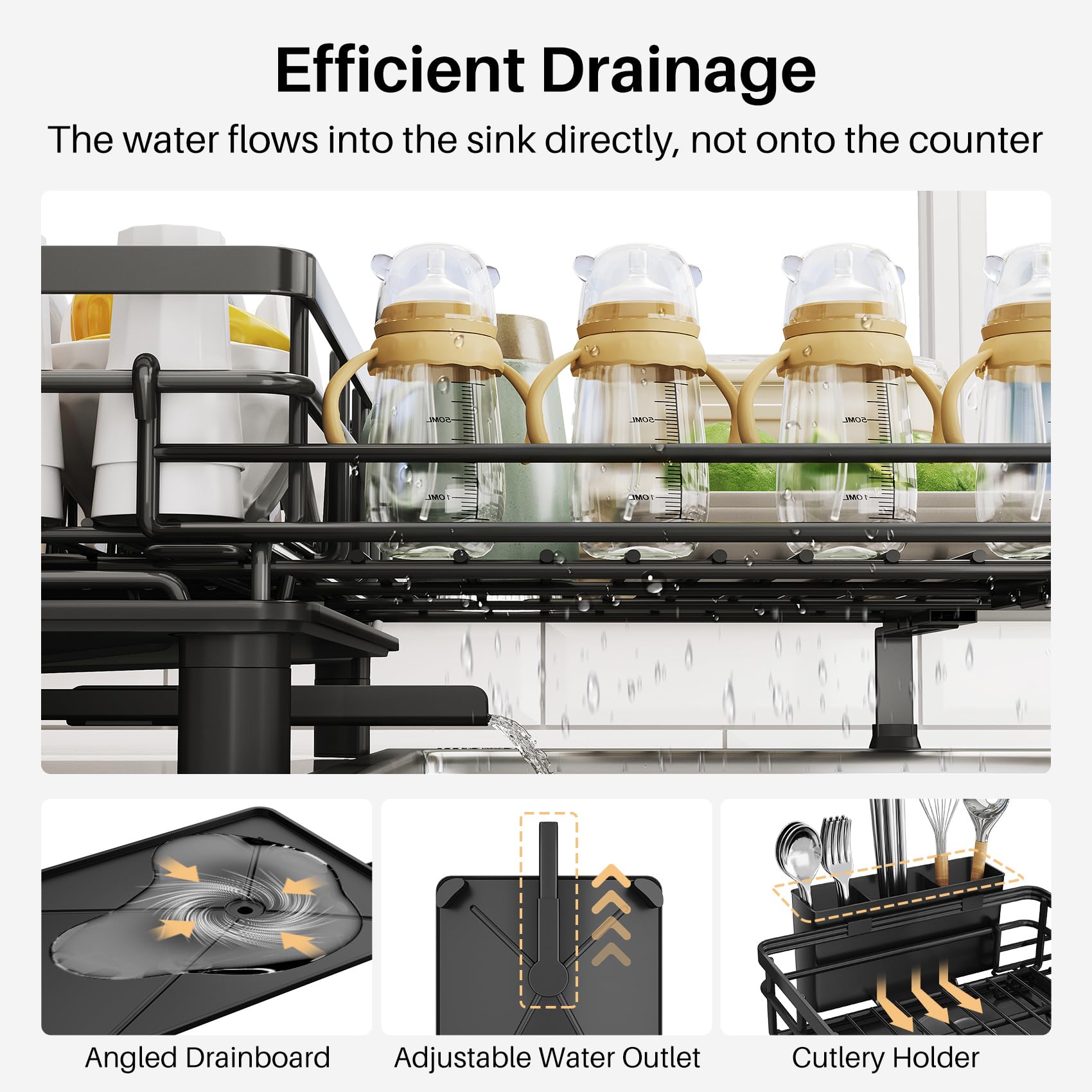 Expandable Dish Drying Rack for Kitchen Counter, Stainless Steel, Black
