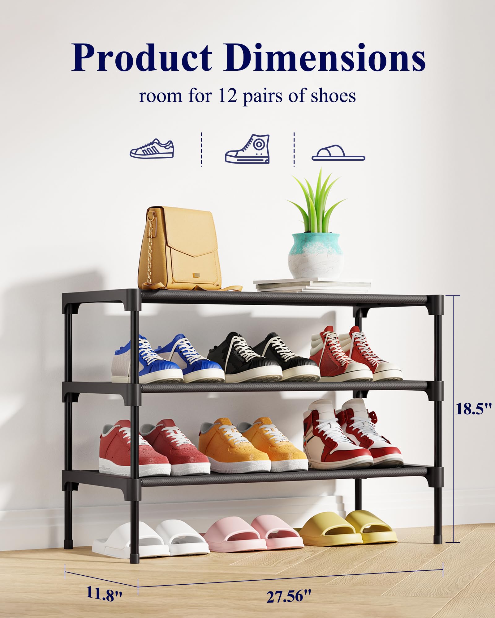Kitsure Shoe Rack - Non-Woven Shoe Rack Shelf, 27.5" Wide - 3 Tier, Black