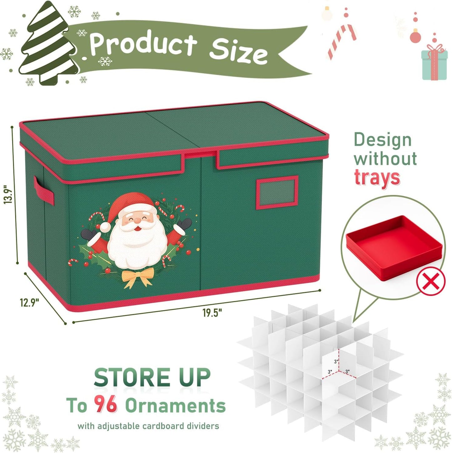 Christmas Ornament Storage Box Christmas Ornament Organizer Storage with Adjustable Dividers Fit 96 of 3 Inch 600D Oxford Fabric Ornaments Storage Container for Holiday Decorations