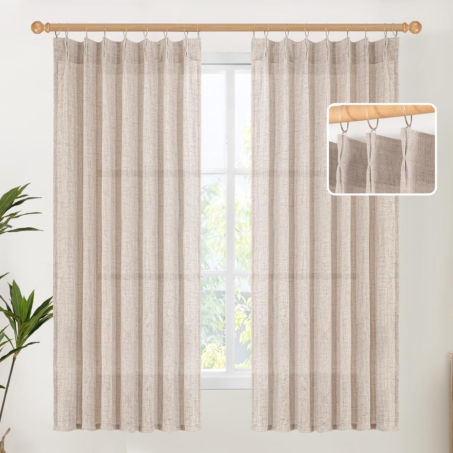 YoungsTex Natural Linen Curtains 63 Inch Length 2 Panels - Light Filtering Semi Sheer Window Drapes Textured Rustic with Pinch Pleated for Bedroom Living Room Office, 2 Panels, 40 X 63 Inch