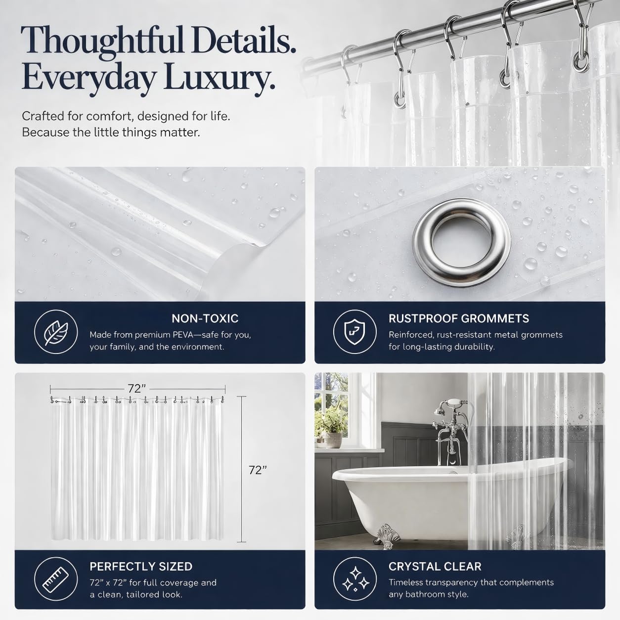 EHZNZIE Crystal Clear Shower Curtain Liner 72x72, PEVA Waterproof Bath Curtain, No Chemical Smell