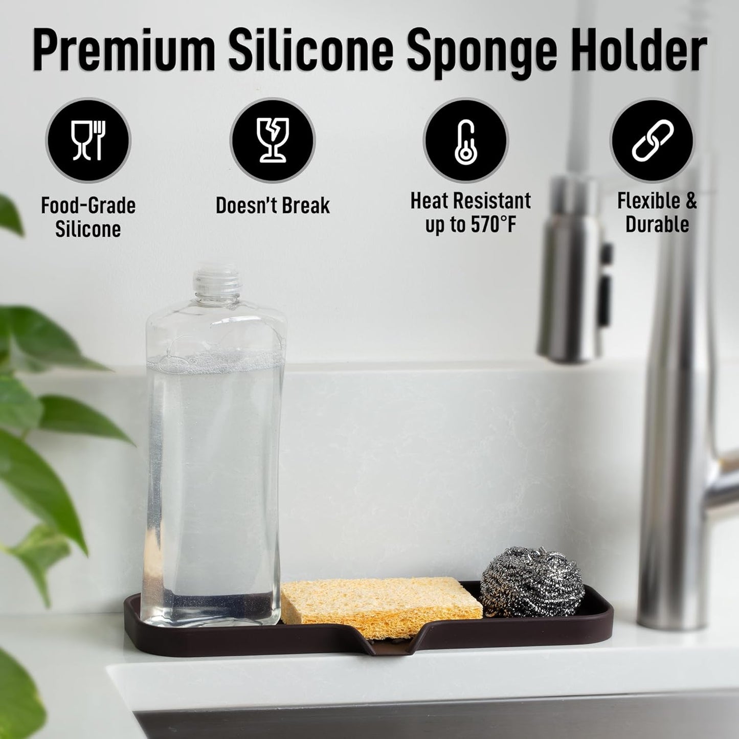 Zulay Large Silicone Sponge Holder (12x4) – Flexible Sink Organizer Tray for Kitchen & Bathroom – Multipurpose Soap Dish for Sponges, Makeup, Trinkets & More (Chocolate)