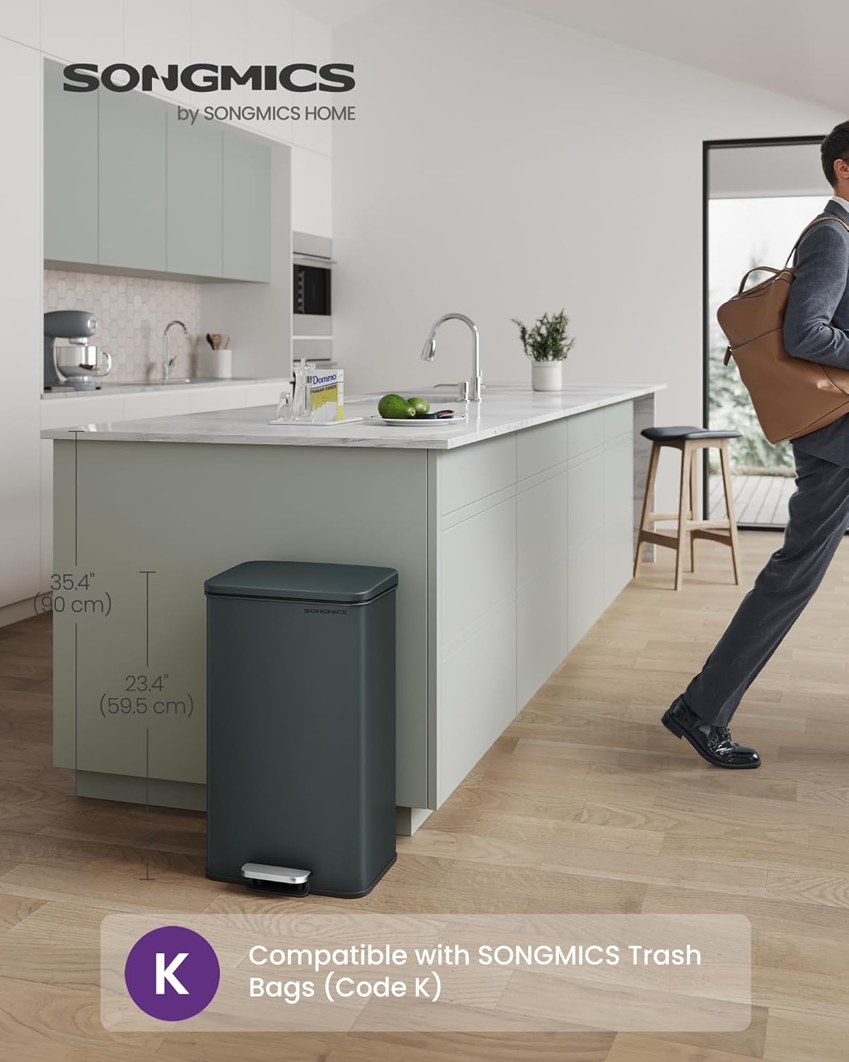 SONGMICS Kitchen Trash Can, 10.5 Gallon (40 L) Garbage Can, Large Step Trash Bin with Lid, Stainless Steel, Soft Close, 15 Trash Bags Included, Charcoal Gray ULTB540G01