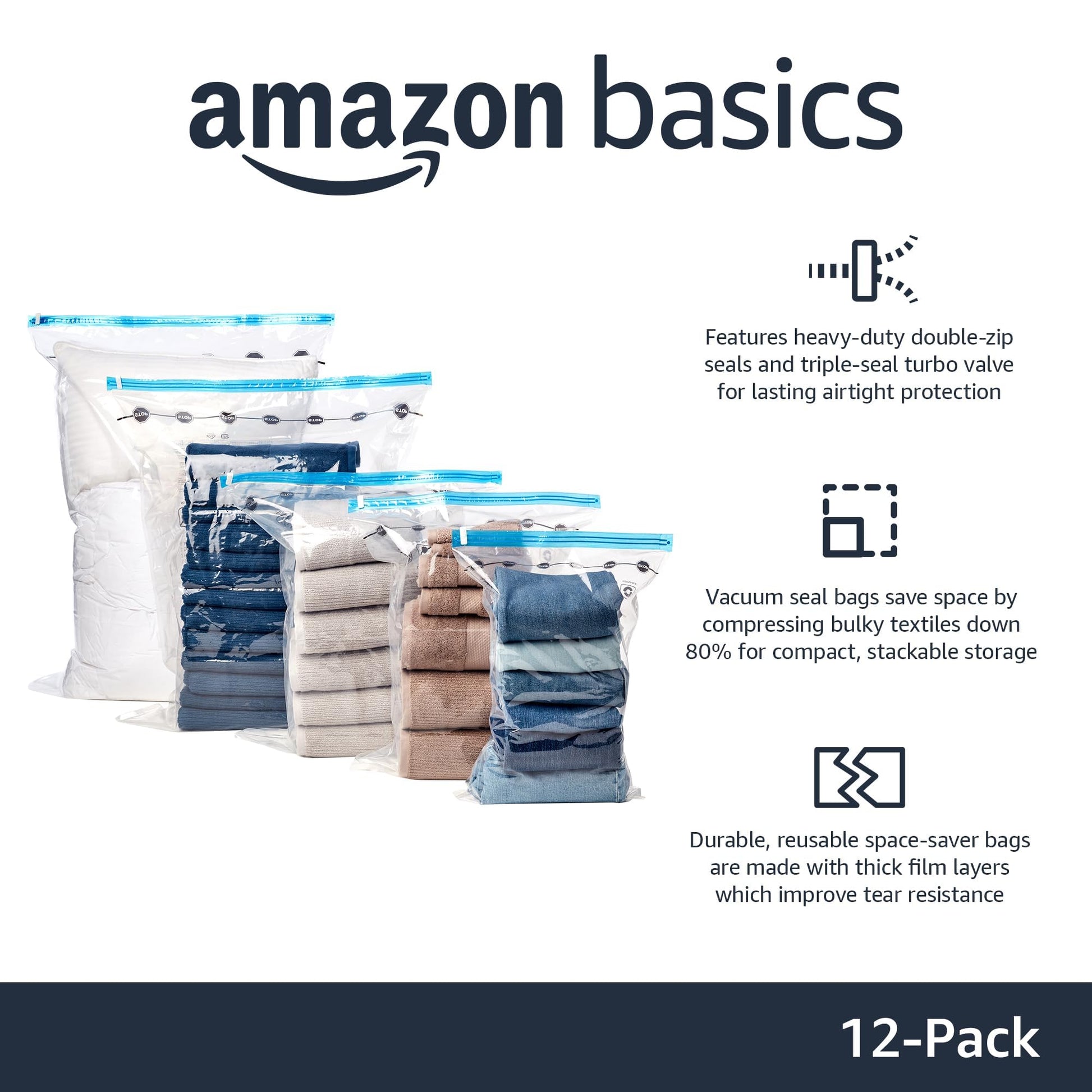 Amazon Basics Vacuum Storage Bags with Hand Pump for Travel, Space Saving Compression Bags for