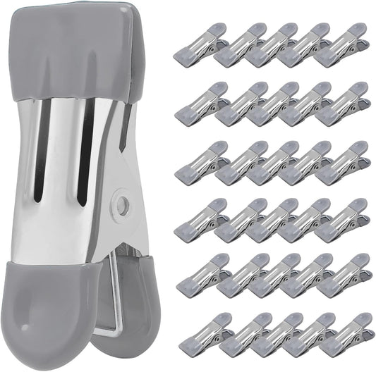 Clothes Pins Heavy Duty 30 Pack - 2.17 Inch Metal Chip Clips, Clothespins for Photo Drying Clothesline Laundry Sock, Bag Clips for Food Kitchen Stainless Steel with Rubber, Gray