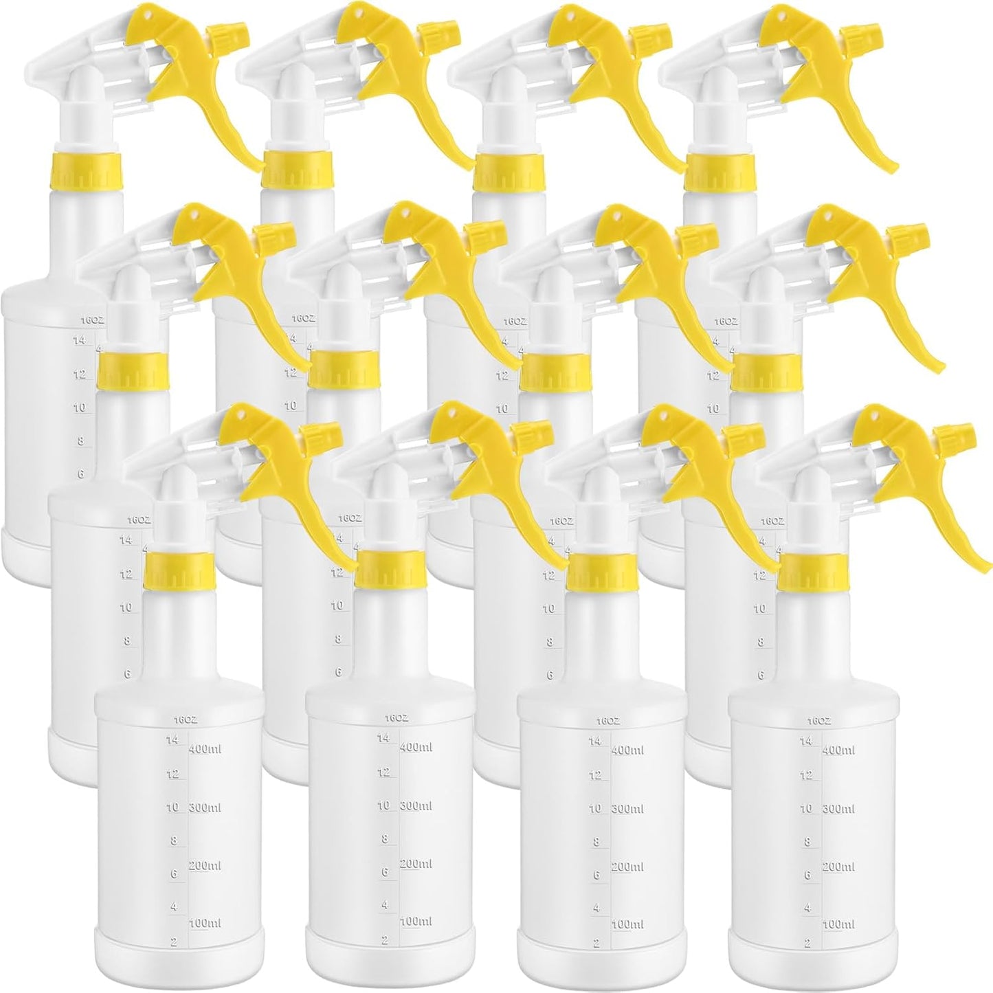 Eccliy 12 Pcs 16 Oz Plastic Spray Bottle, Adjustable Empty Reusable Sprayer for Cleaning, Planting, Water, Bathroom and Kitchen, BBQ, Commercial and Residential(Yellow,Measurement)