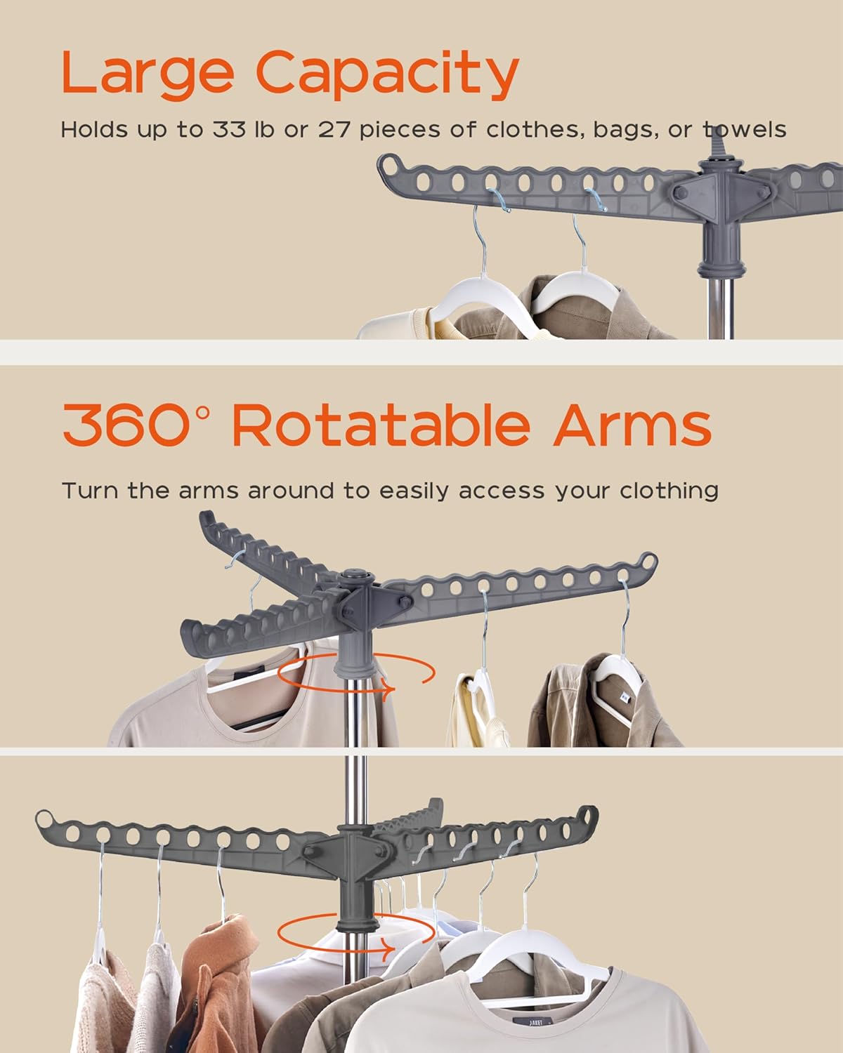 Clothes Drying Rack Foldable, 74.8 inch 2 Tier Laundry Drying Rack with Rotating Clothes Rail for 54 Pieces of Clothes, Space Saving, Indoor, Stainless Steel, Grey and Silver CDR002G01