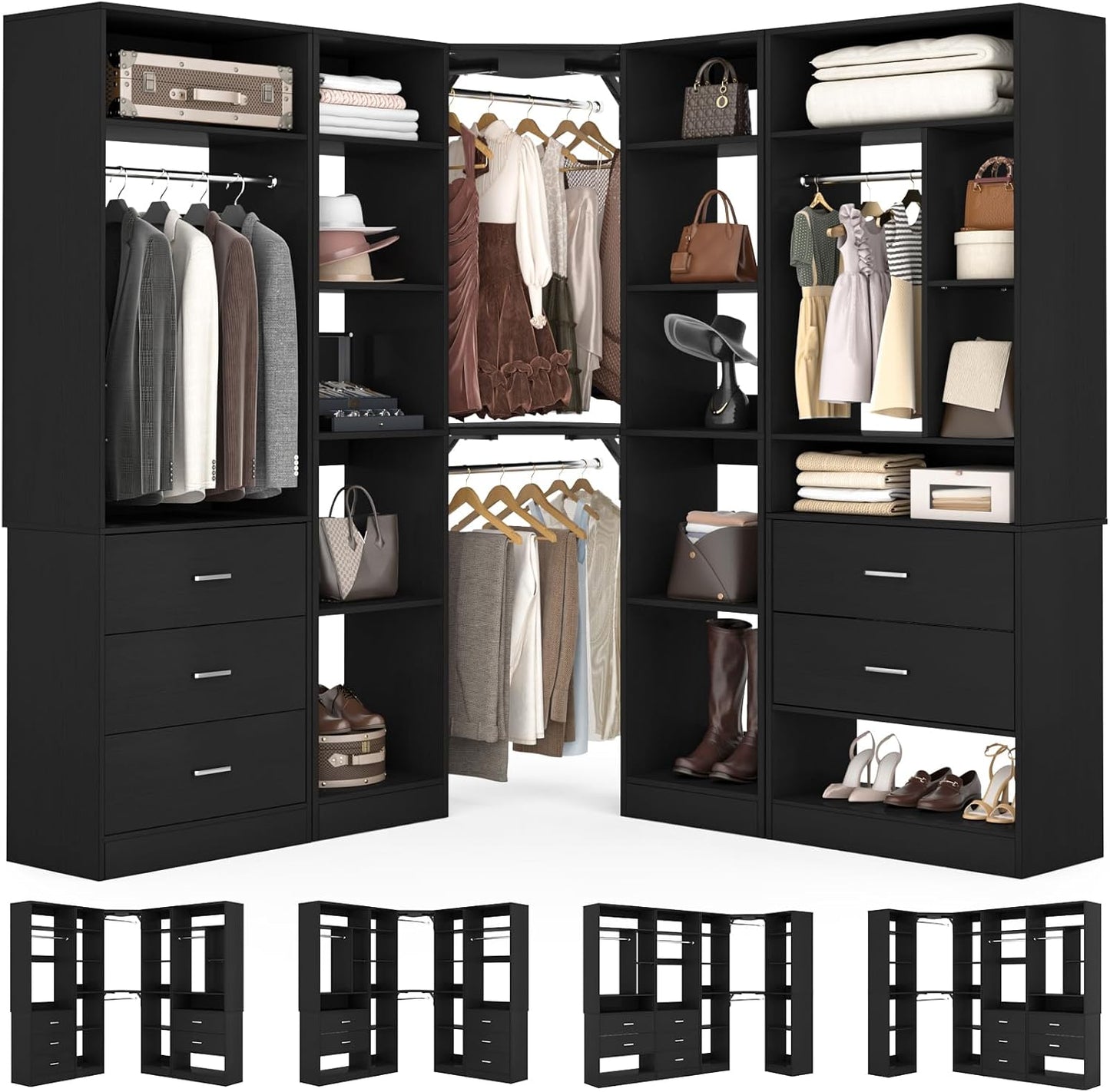 Corner Closet System with 5 Drawers, Closet Organizer System with 15+Shelvess & 4 Hanging Rods, 63.2"L * 63.2"W / 87.2"L * 39.2"W Reversible L Shaped Walk-in Closets, Load 2500+LBS, Black