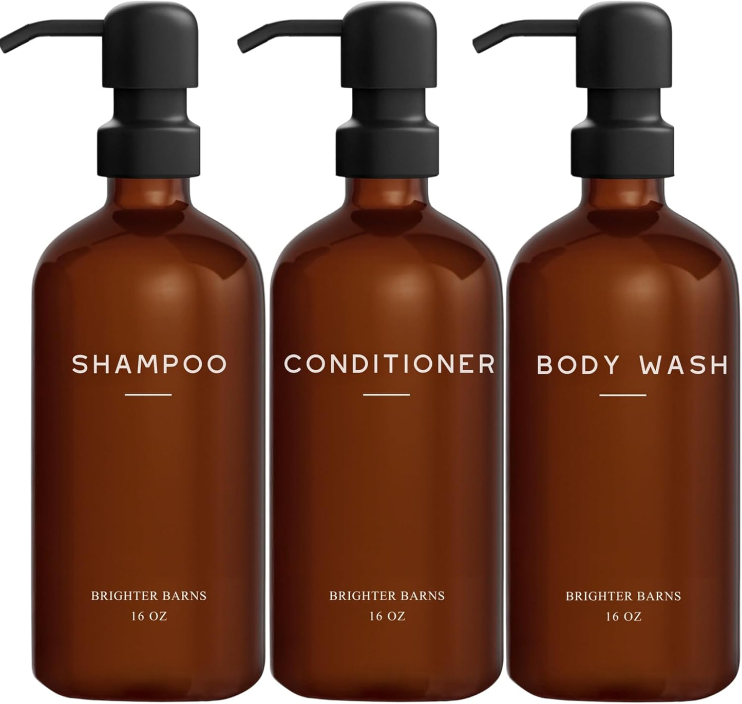 Amber Shampoo and Conditioner Dispenser Set by Brighter Barns - Body Wash and Shampoo Bottles with Pump - Refillable Plastic Shower Dispenser for Modern Bathroom Decor in Vacation Rental, Spa (Amber)