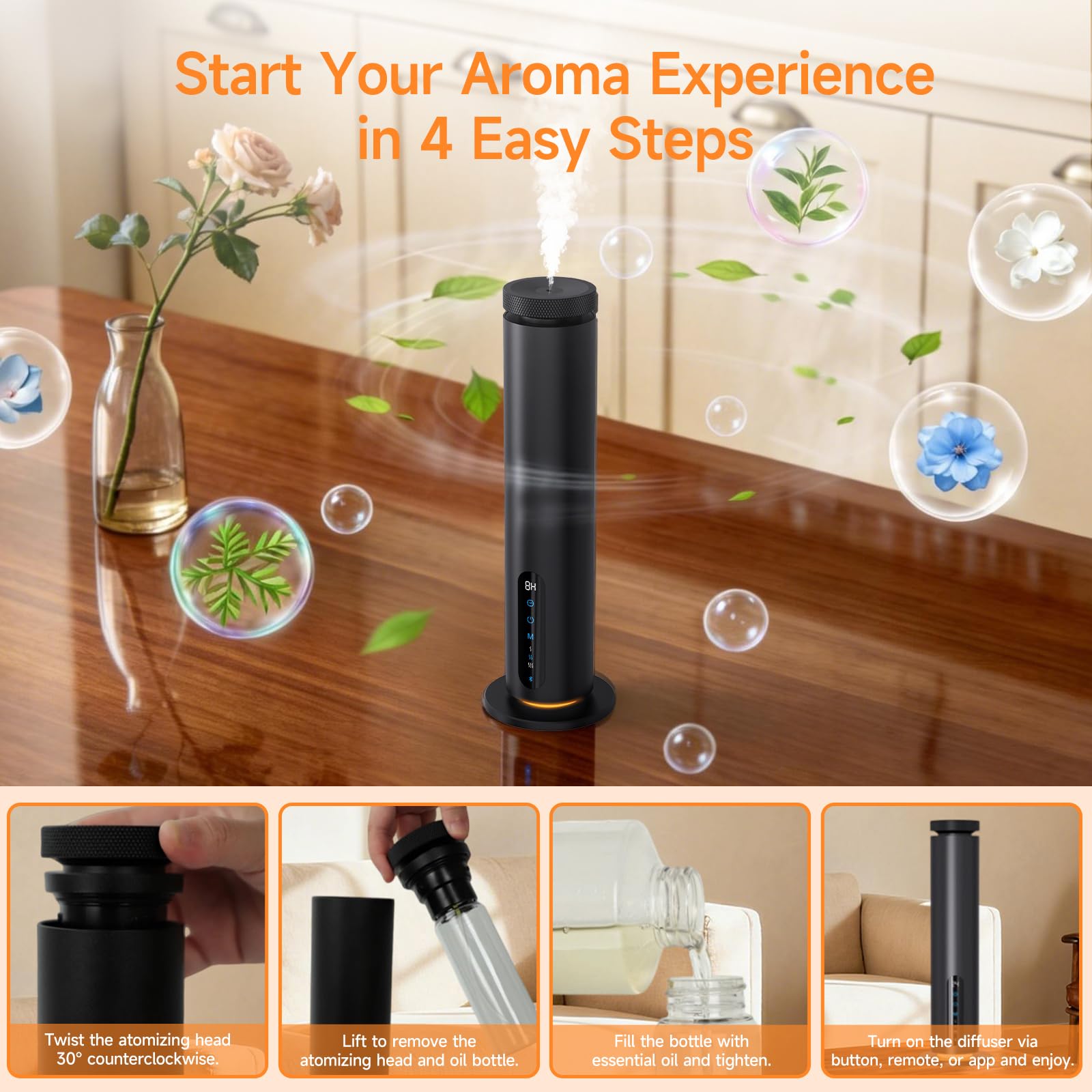 Waterless Essential Oil Diffuser, 1000 Sq.Ft Coverage, Smart App & Remote Control Scent Machine, 3