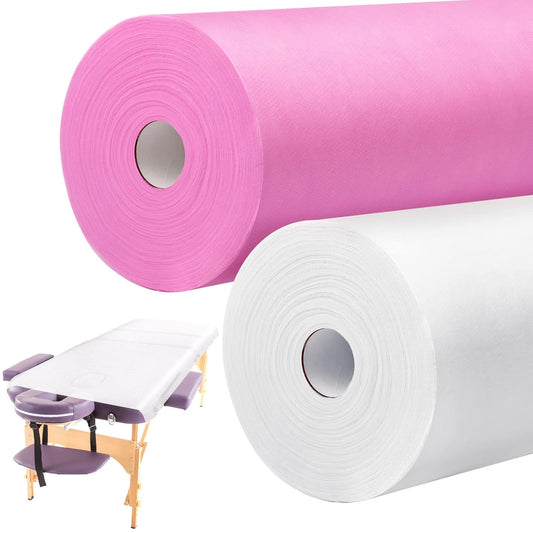 Tudomro 2 Roll Disposable Non Woven Bed Sheets 24 x 71 Inch Massage Table Paper Covers Non Woven Fabric Massage Sheets Waterproof Spa Breathable Bed Cover for Beauty Salon, Hotels(White, Pink)