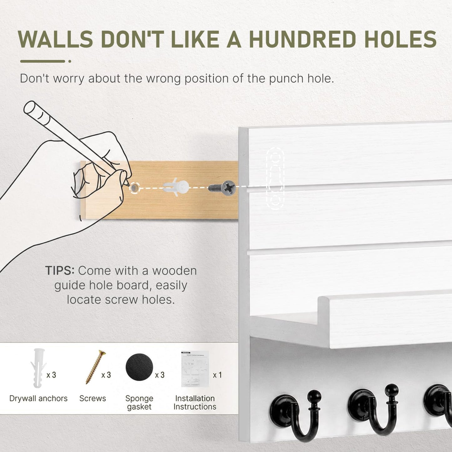 HONJIN Key Holder Wall Mount with Shelf and 5 Sturdy Key Hooks (White)