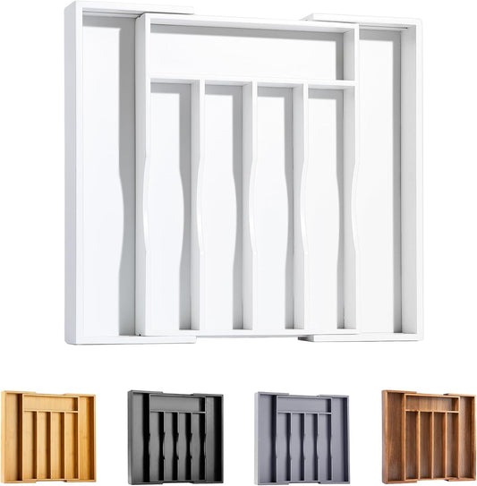 Bellsal White Silverware Organizer Kitchen Drawer Organizer Expandable Bamboo Utensil Holder Cutlery Tray for Kitchen Utensil and Flatware Bedroom Office