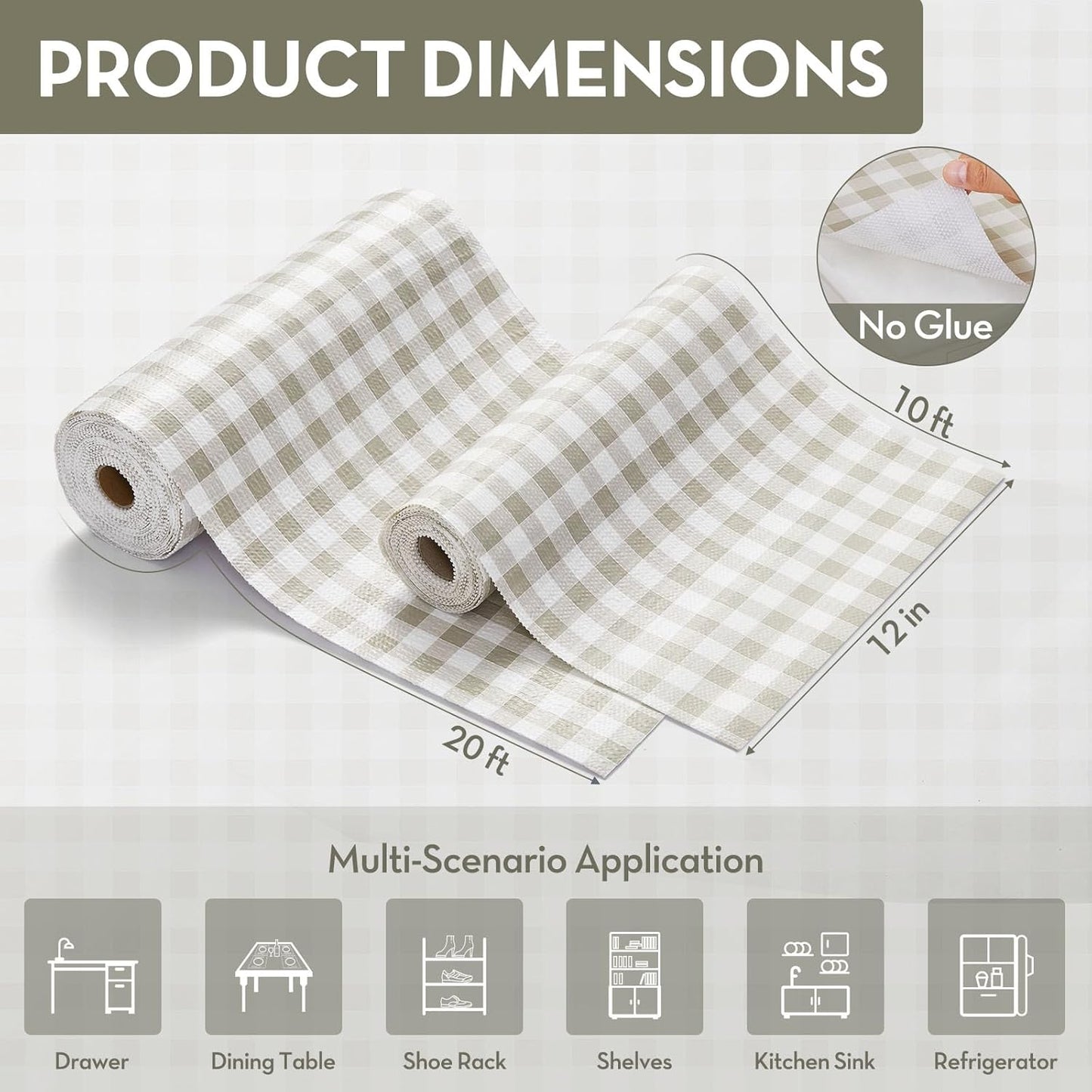 Drawer and Shelf Liner for Kitchen Cabinet Liner Non-Adhesive Non-Slip Shelf Thick Strong Grip Waterproof Contact Paper Easy to Clean for Shelves, Cupboard, Desks,Green Plaid,12IN X 10FT