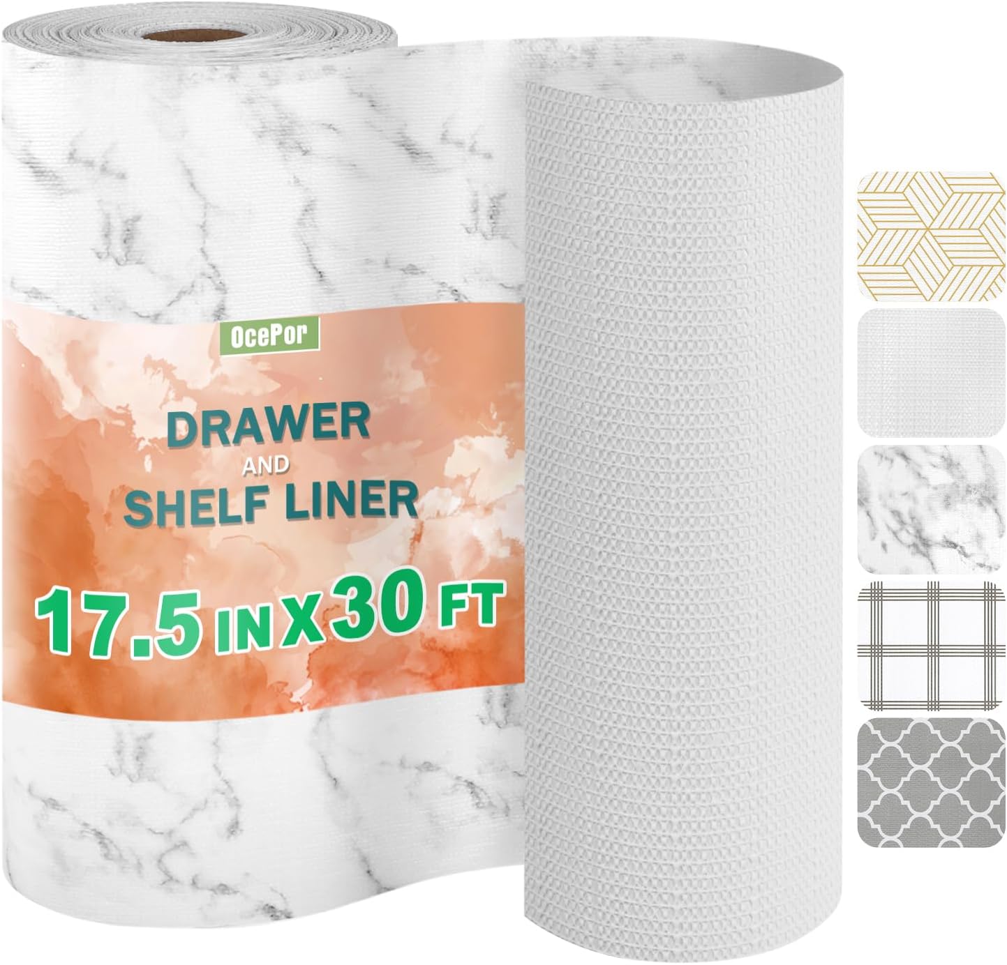 OcePor Non-Adhesive Drawer and Shelf Liner 17.5IN x 30FT，Non Slip Cabinet and Cupboard Liner, Kitchen Cabinet Liners for Shelves, Waterproof Drawer Shelf Liners for Cabinets/Bathroom Cupboard, Marble
