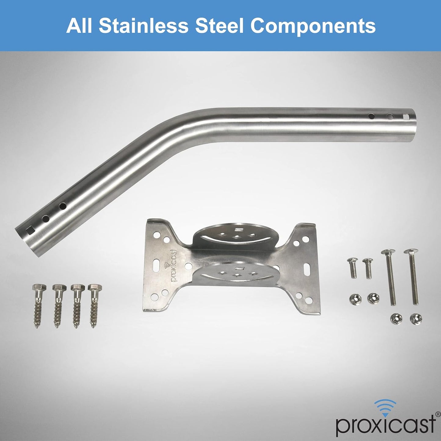 Proxicast Pro-Grade J-Max 100% Solid Stainless Steel Antenna Mount - Universal Outdoor Adjustable Pivot/Lock Bracket & J-Pipe Mast (1.5" x 18" Pole) for Wall, Eave or Roof Mounting (ANT-800-JP3)