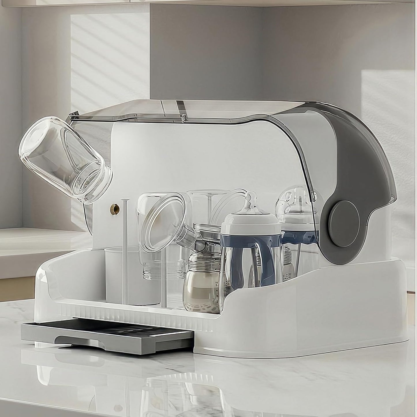 Baby Bottle Drying Rack Storage, Nursing Bottle Storage Box Organizer with Cover, Portable Kitchen Cabinet Organizer, Durable countertop Dryer (Grey)