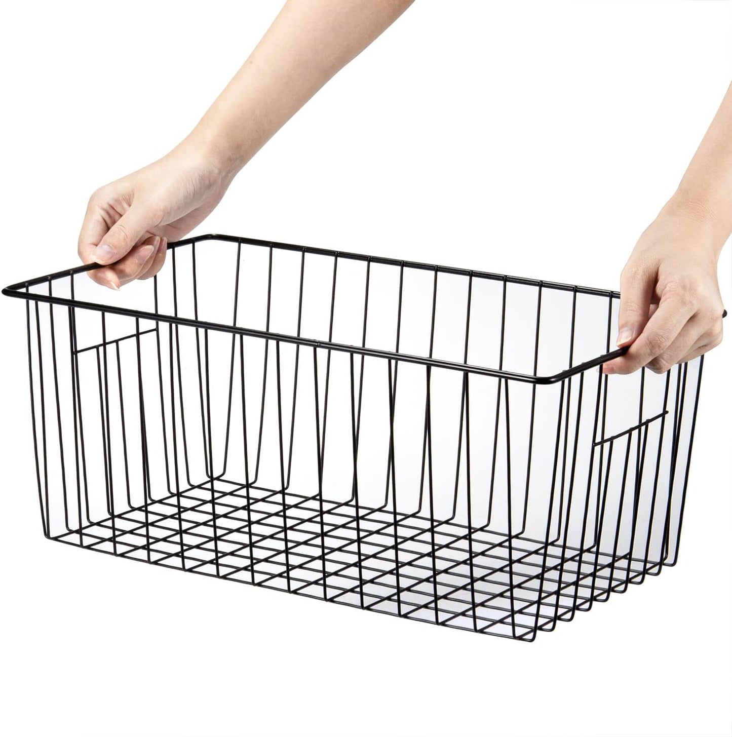 16" L x 12" W Wider Freezer Storage Organizer Baskets Container, Deep Metal Wire Chest Upright Refrigerator Divider Bins with Built-in Handles for Cabinet, Pantry, Closet, Kitchen, Black