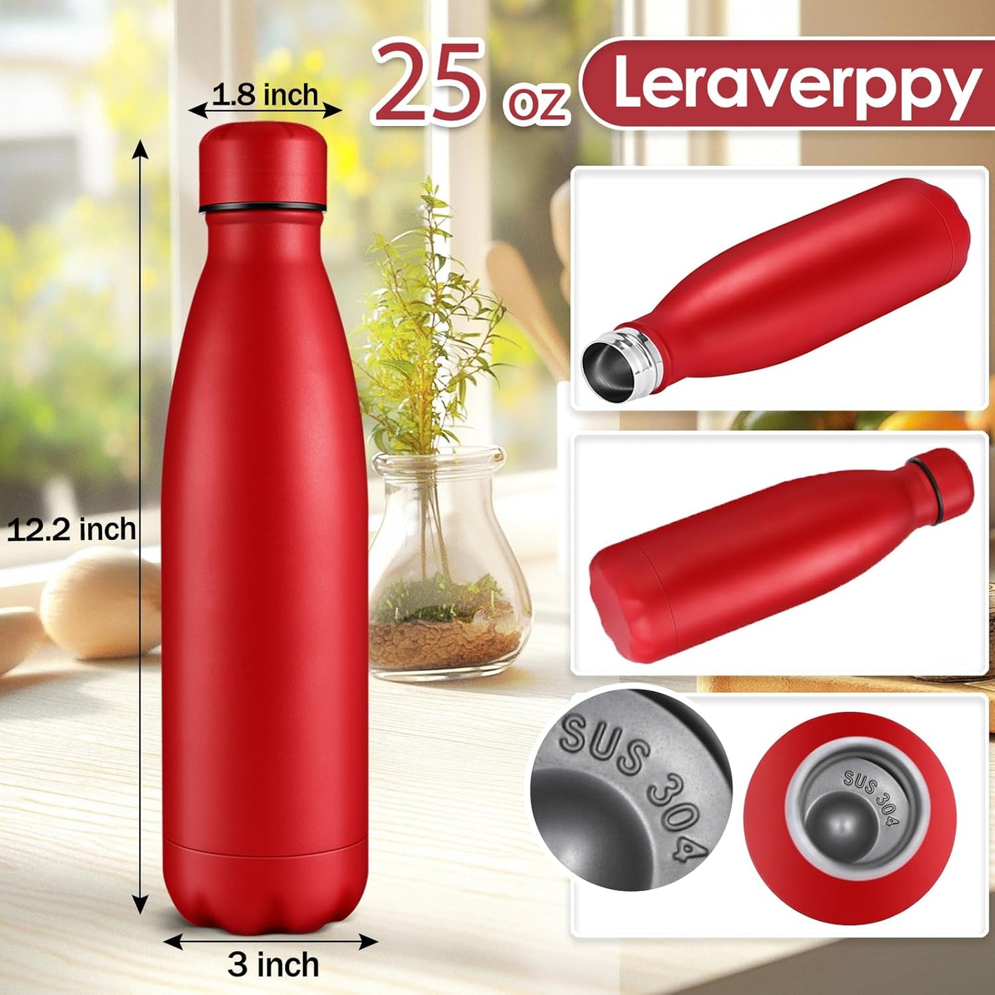 25oz Cola-Bottle Shaped Stainless Steel Leak-proof Water Bottle,Double Wall Vacuum Insulated Metal,Travel Mug For Sports Indoors & Outdoors,BPA-Free School Kids Flasks,Red(2 Pack)
