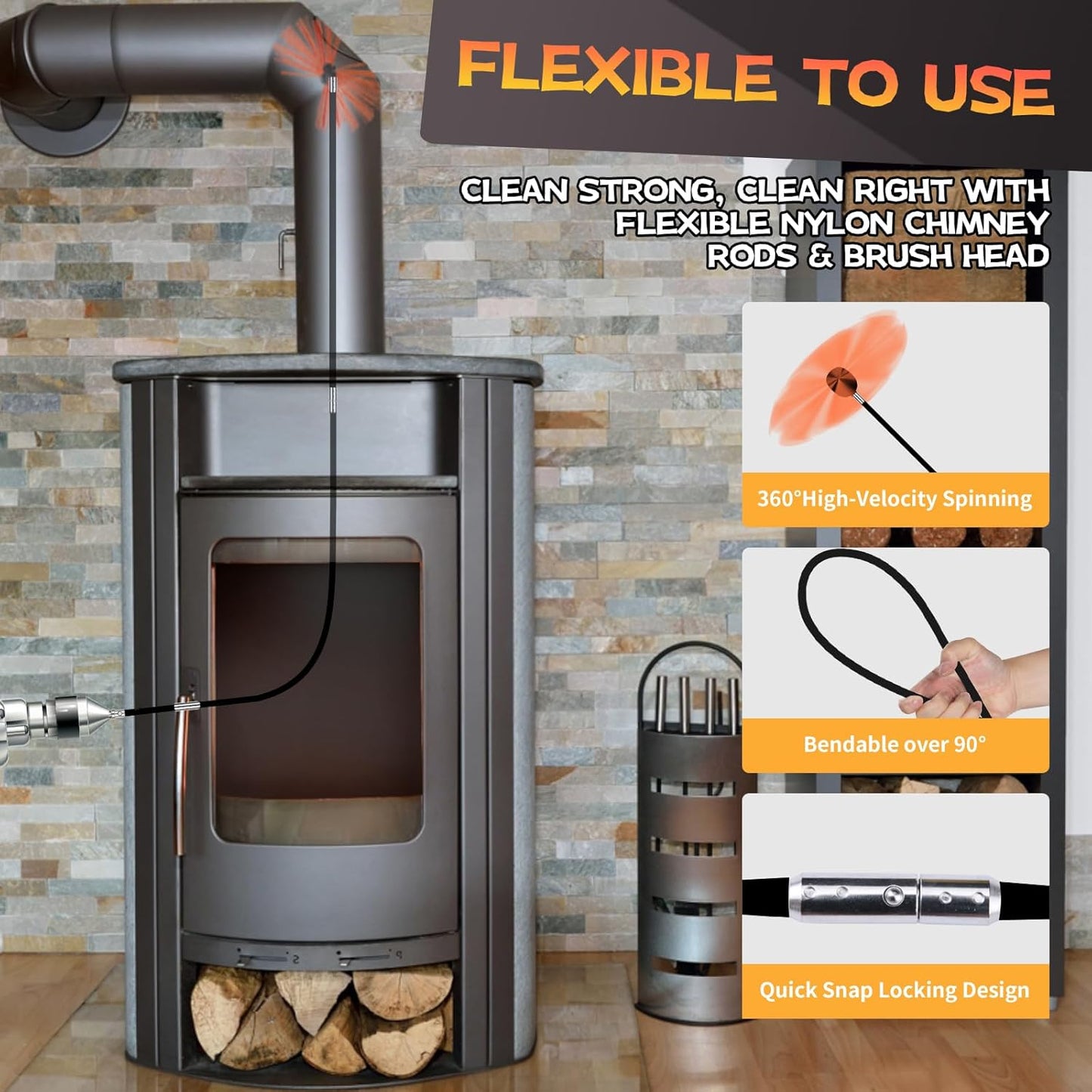 46 Feet Chimney Sweep Kit, Chimney Cleaning Kit with 14 Flexible Black Chimney Rods, Chimney Brush, Rotary Chimney Cleaning System Driven by Drill for Sweeping Fireplace