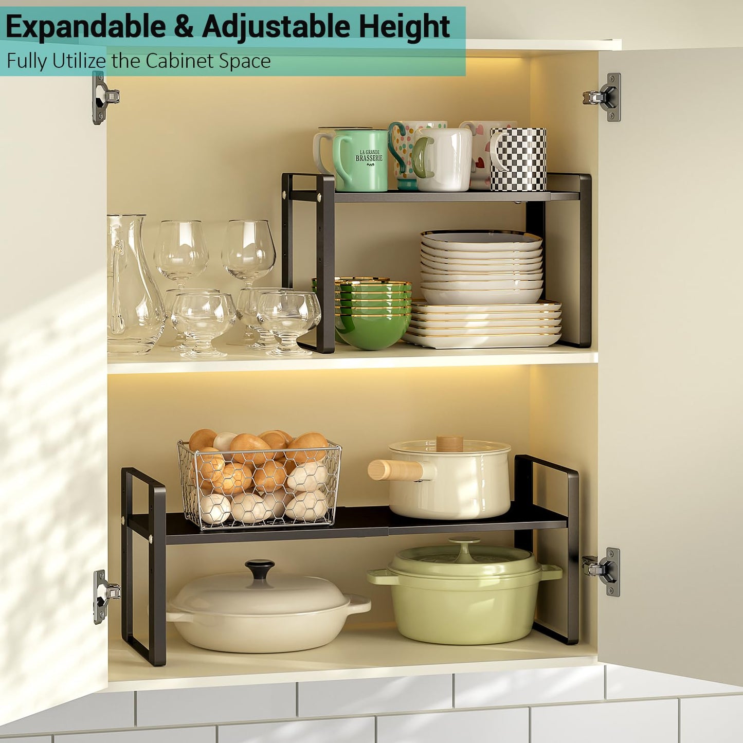 Astrorhine 2 Pack Expandable Cabinet Organizer Shelves, 88lbs High Weight Capacity, Stackable