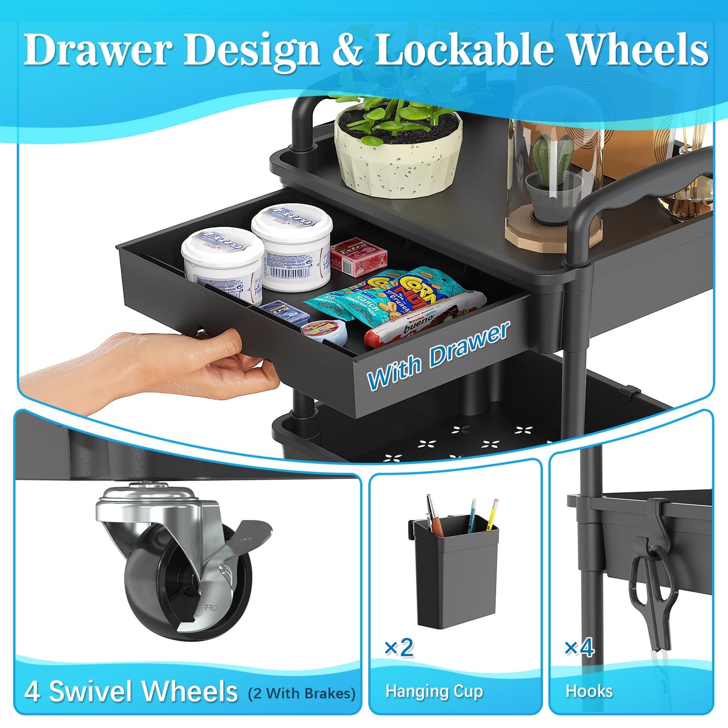 SUNALLY 3 Tier Rolling Cart with Drawer, Craft Storage Cart Organizer,Black