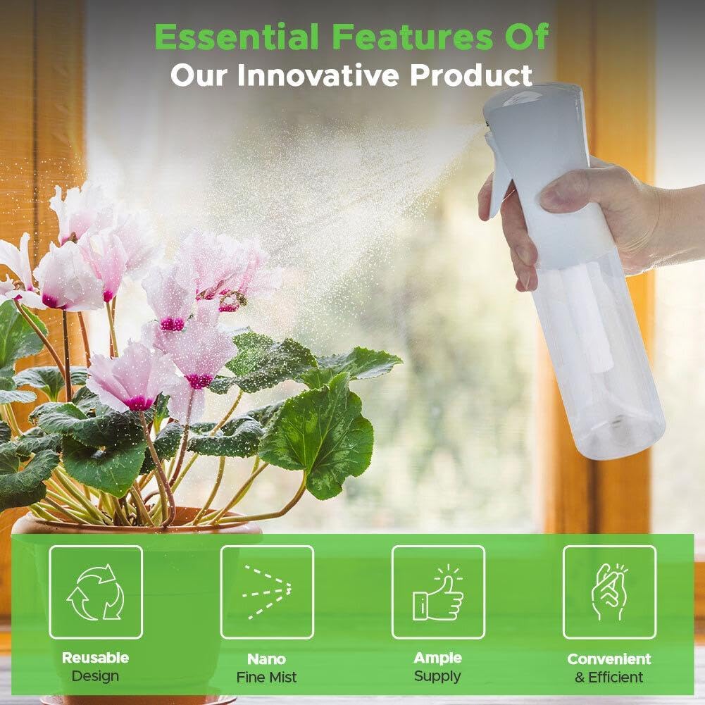 VIGOR PATH Continuous Spray Bottle for Hair – Fine Mist Mister for Hairstyling, Cleaning, Plants, Pets, Barbers, Salons, and Essential Oil Applications (300ml/10.1 oz) Clear 2 Pack