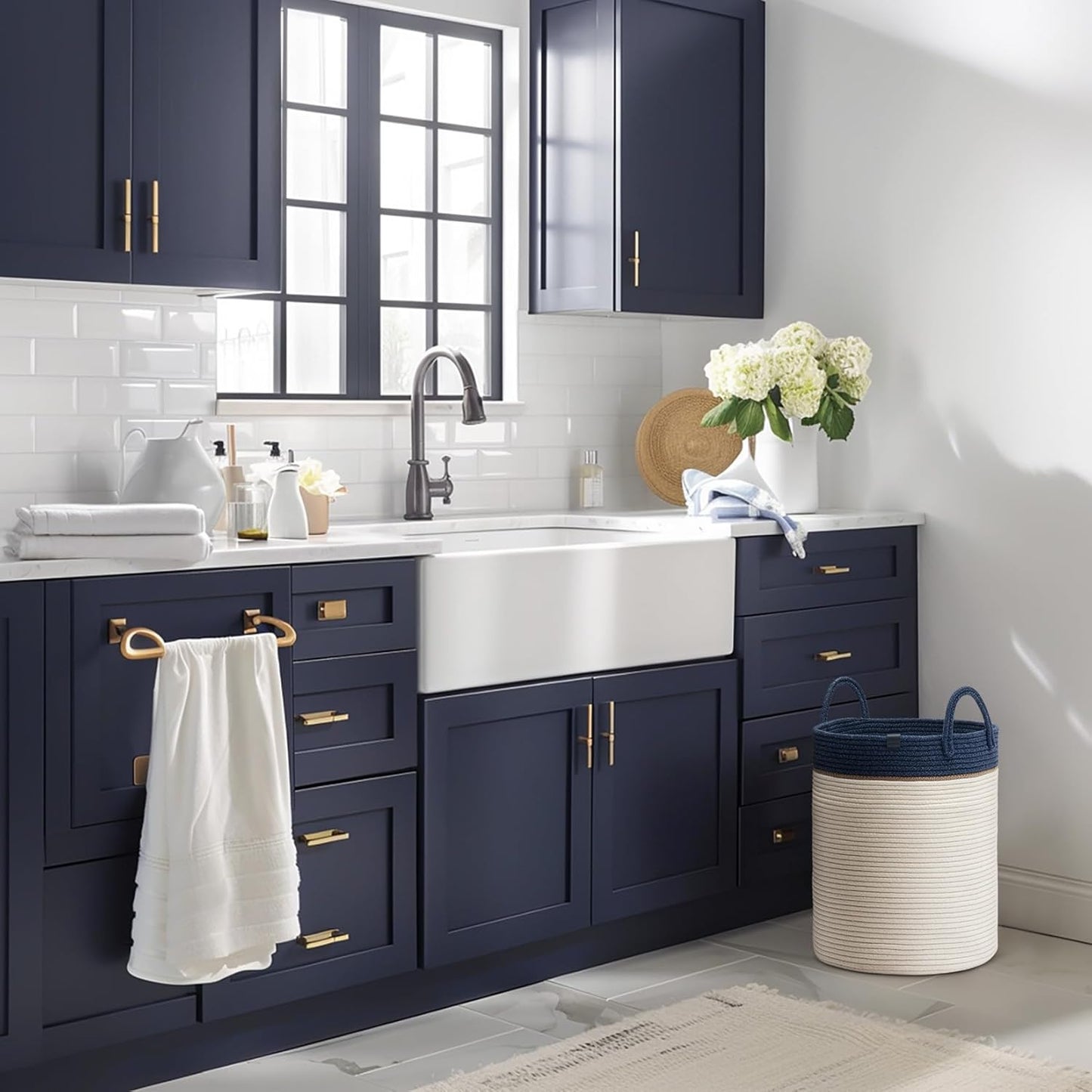 LA JOLIE MUSE Woven Basket Rope Storage Baskets - Large Cotton Organizer, Basket for Baby Blanket, Kids Toy Nursery Laundry Basket Navy Blue M