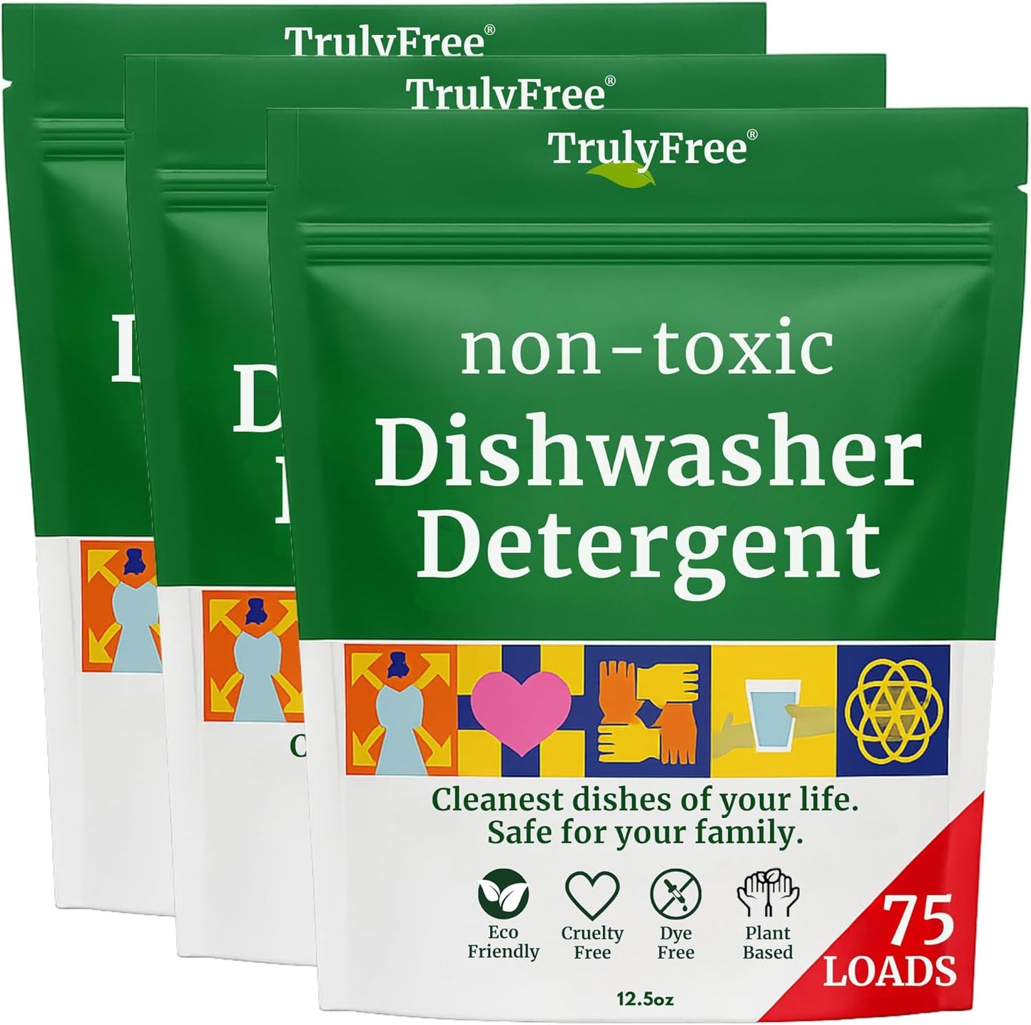 Truly Free Dishwasher Detergent Powder | Natural Dish Detergent, Dishwasher Soap | Plastic Free, Plant-Based, Clean, Heavy Duty Hard Water Stain & Grease Remover | Fragrance Free | 12.5 oz (Pack of 3)