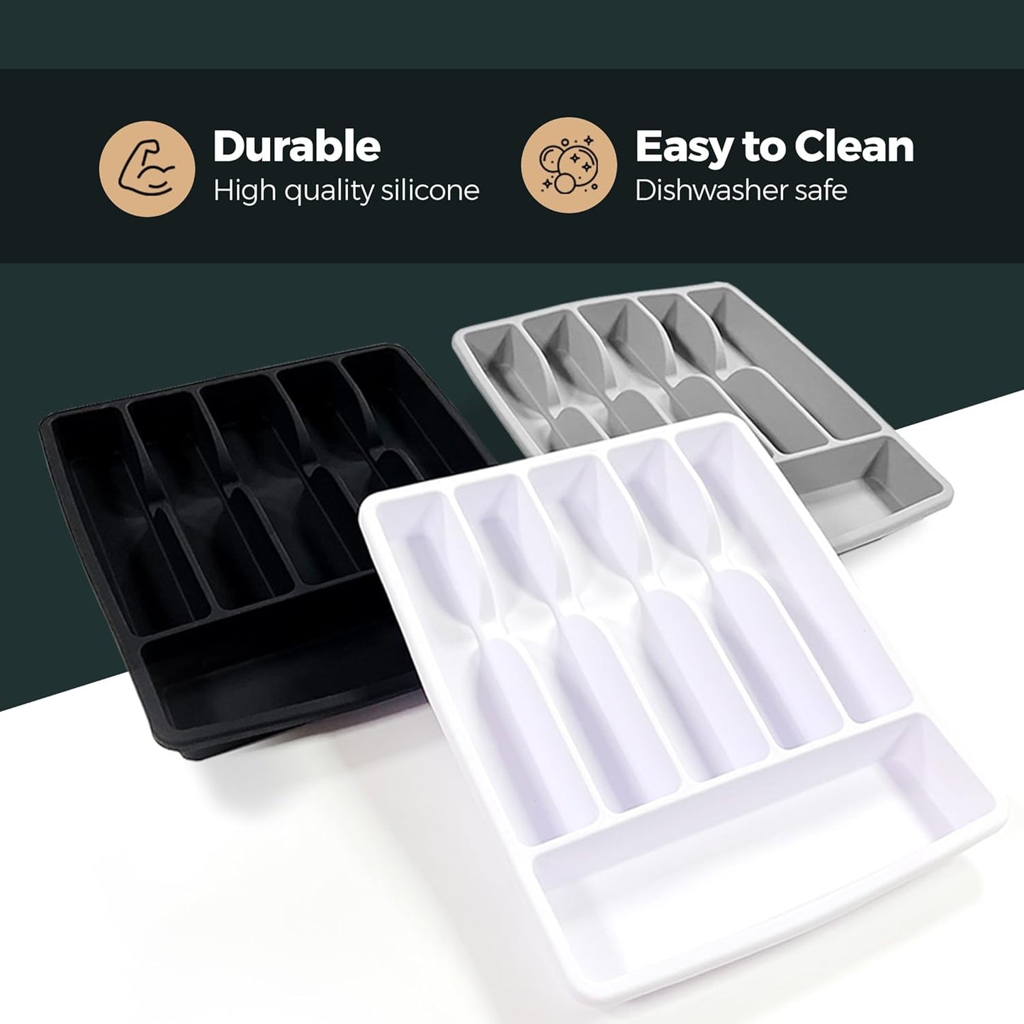 Silicone Silverware Drawer Organizer – Non-Slip Utensil Holder for Kitchen Drawers | Cutlery Tray for Forks, Knives, Spoons & More | Durable, BPA-Free, Easy to Clean – Gray