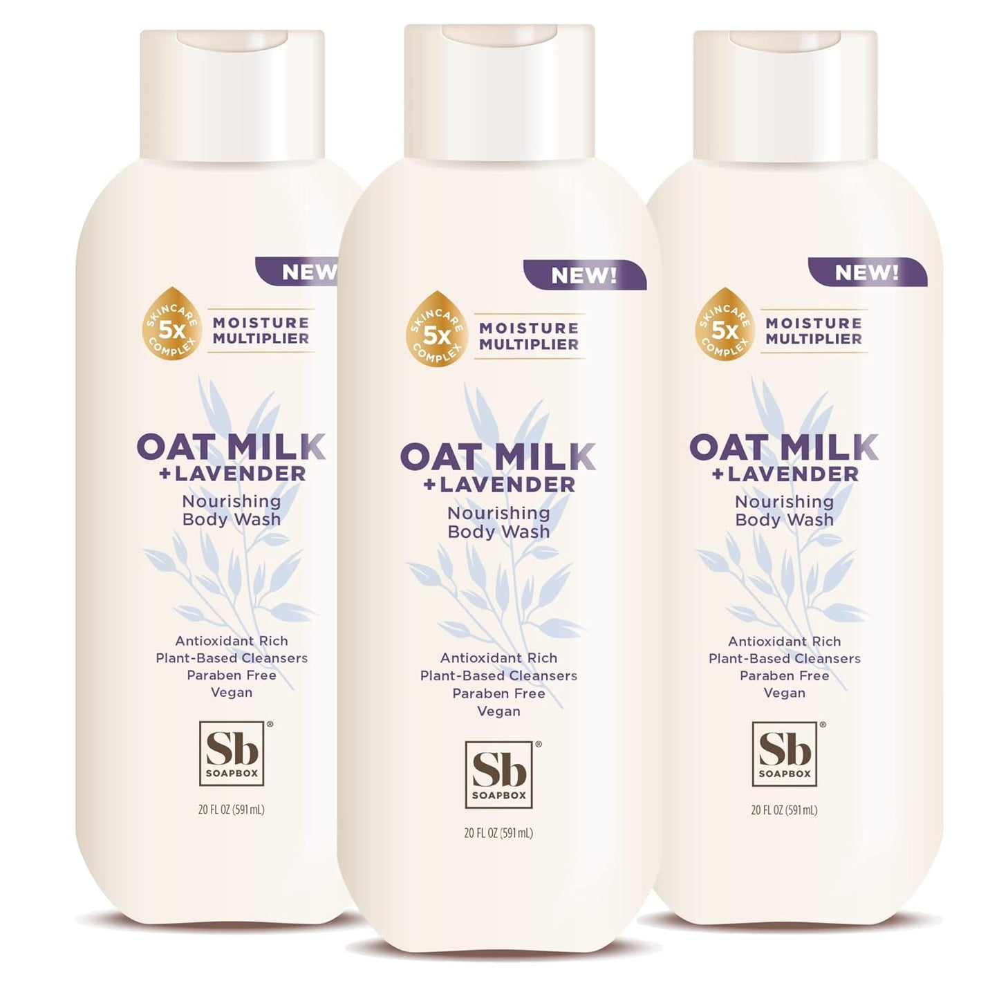 Soapbox Body Wash, Oat Milk + Lavender Body Wash, Vegan & Moisturizing, Calming with Shea Butter, 3 Pack, 20oz Each