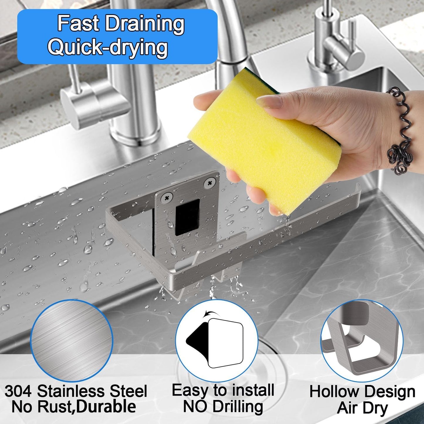 Sponge Holder for Kitchen Sink, Kitchen Sink Caddy, 2 in 1 Kitchen Sink Organizer Sponge Caddy, Adhesive Hanging, Suitable for Kitchen Brush, Dish Rag, Sponge, Gloves, 304 Stainless Steel