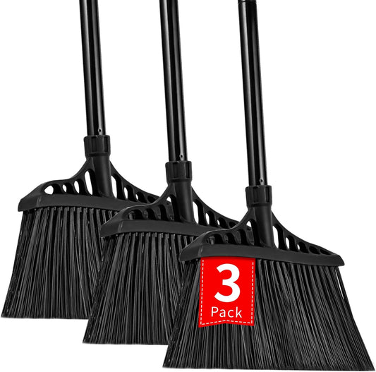3-Pack Heavy Duty Broom, Commercial Broom with 55" Long Handle Outdoor Indoor, Industrial Brooms