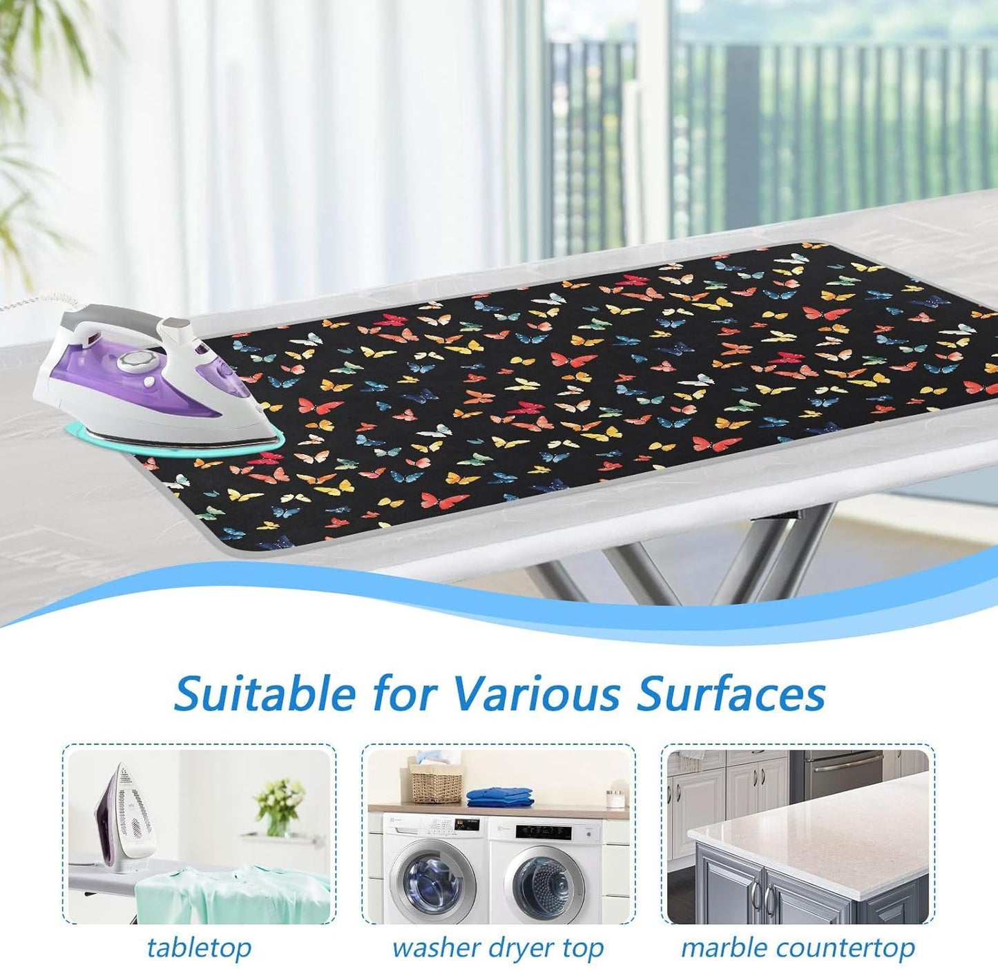 Colorful Butterfly Ironing Mat for Table top Portable Ironing Pad Blanket for Washer Dryer Countertop Travel