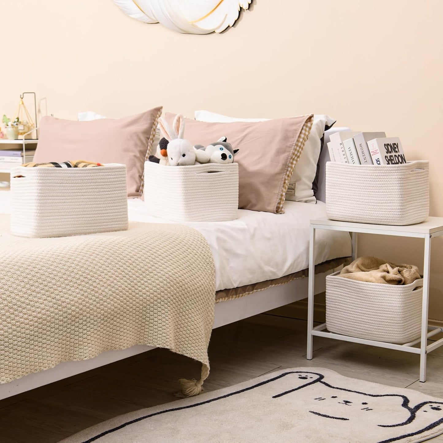 Storage Baskets for Organizing, Woven Basket for Storage, Storage Baskets Bin for Shelves, Cotton Rope Basket with Handles, 12.5"Lx9.1"Wx7.9"H, (4 Packs) Off White