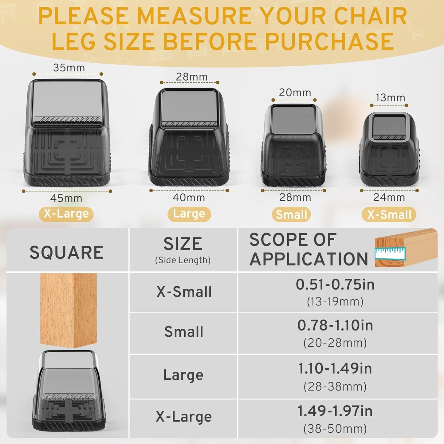 24PCS Square Chair Leg Floor Protectors, Furniture Sliders, Chair Leg Protectors for Hardwood Floors, Non-Slip Felt Furniture Pads, Silicone Cap Covers to Protect Floors, (Fit 1.5" - 2")