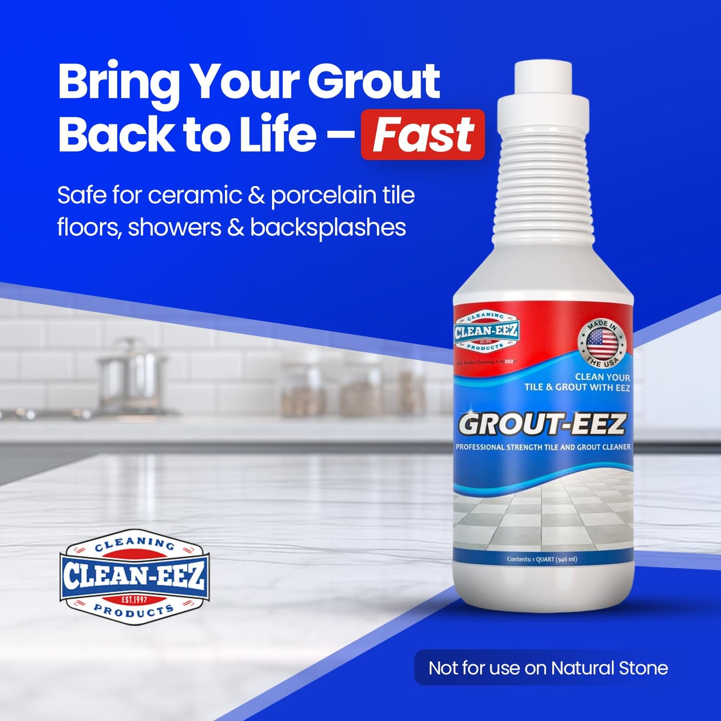 Clean-eez Grout-eez Tile Cleaner with Handheld Brush – 32 oz Heavy-Duty Stain Remover for Ceramic and Porcelain Surfaces – Safe for Colored Grout – Not for Natural Stone – Bathroom & Kitchen Use