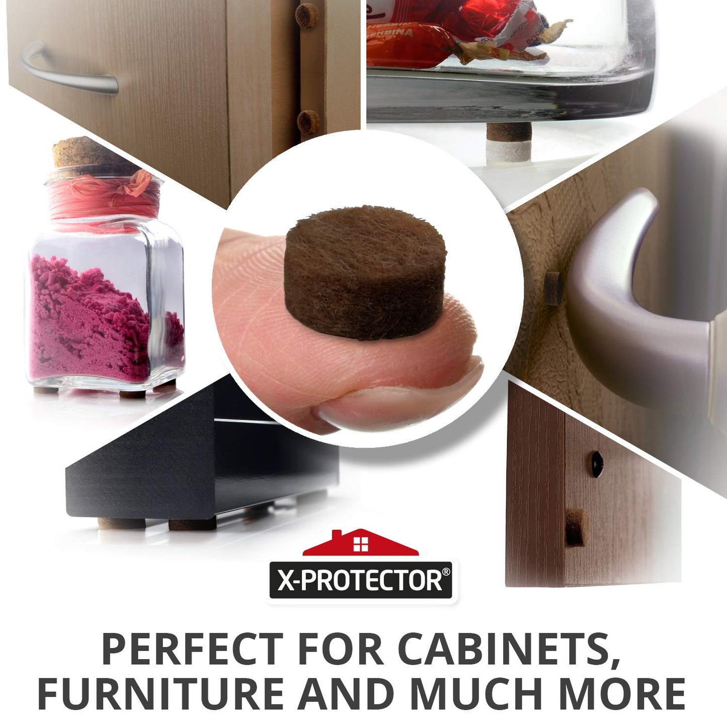 Cabinet Door Bumpers X-Protector 100 PCS – Small Felt Pads 3/8” – Ideal Brown Felt Bumpers – Self-Adhesive Thick Felt Dots – Bumper Pads to Protect Glass & Other Surfaces!
