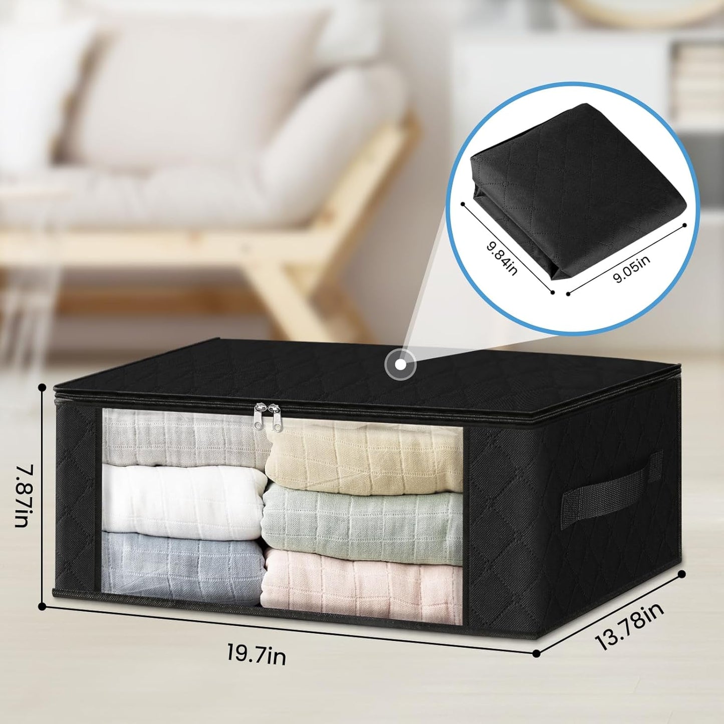 HomeHacks Storage 3-Pack Clothes Organizer Storage Bags Foldable Storage Box with Large Clear Window Sturdy Handles for Closet, Dorm, Pillows, Bedding, Clothes, Blankets, 35L, Black