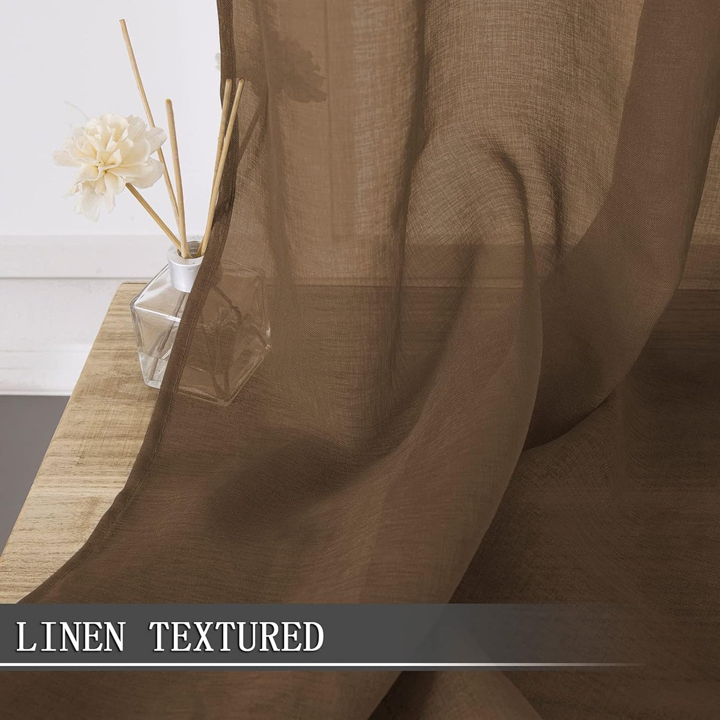 Tollpiz Short Sheer Tier Curtains Linen Textured Half Kitchen Curtain Sheers Light Filtering Rod Pocket Voile Small Curtain for Bathroom, 25 x 24 inches Long, Brown, Set of 2 Panels