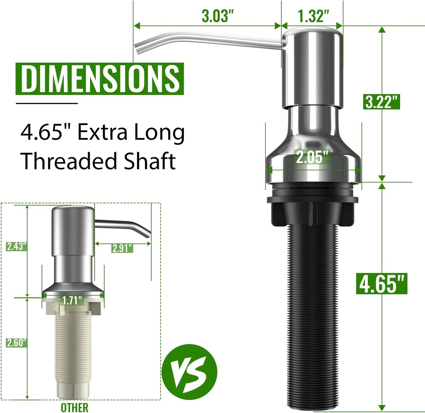 Soap Dispenser for Kitchen Sink, Kitchen Sink Soap Dispenser with 17 OZ Bottle, Refill from The Top Bar, Longer Threaded Shaft Shank, Wide Pump Head Base (Chrome)