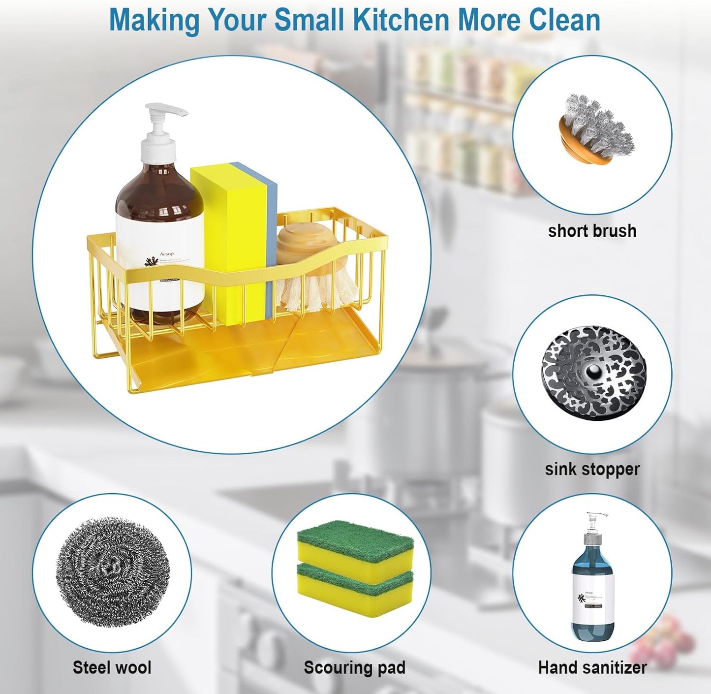 Vanwood Sink Organizer with Auto Draining Tray, Cocina Sponge Caddy and Dish Soap Holder