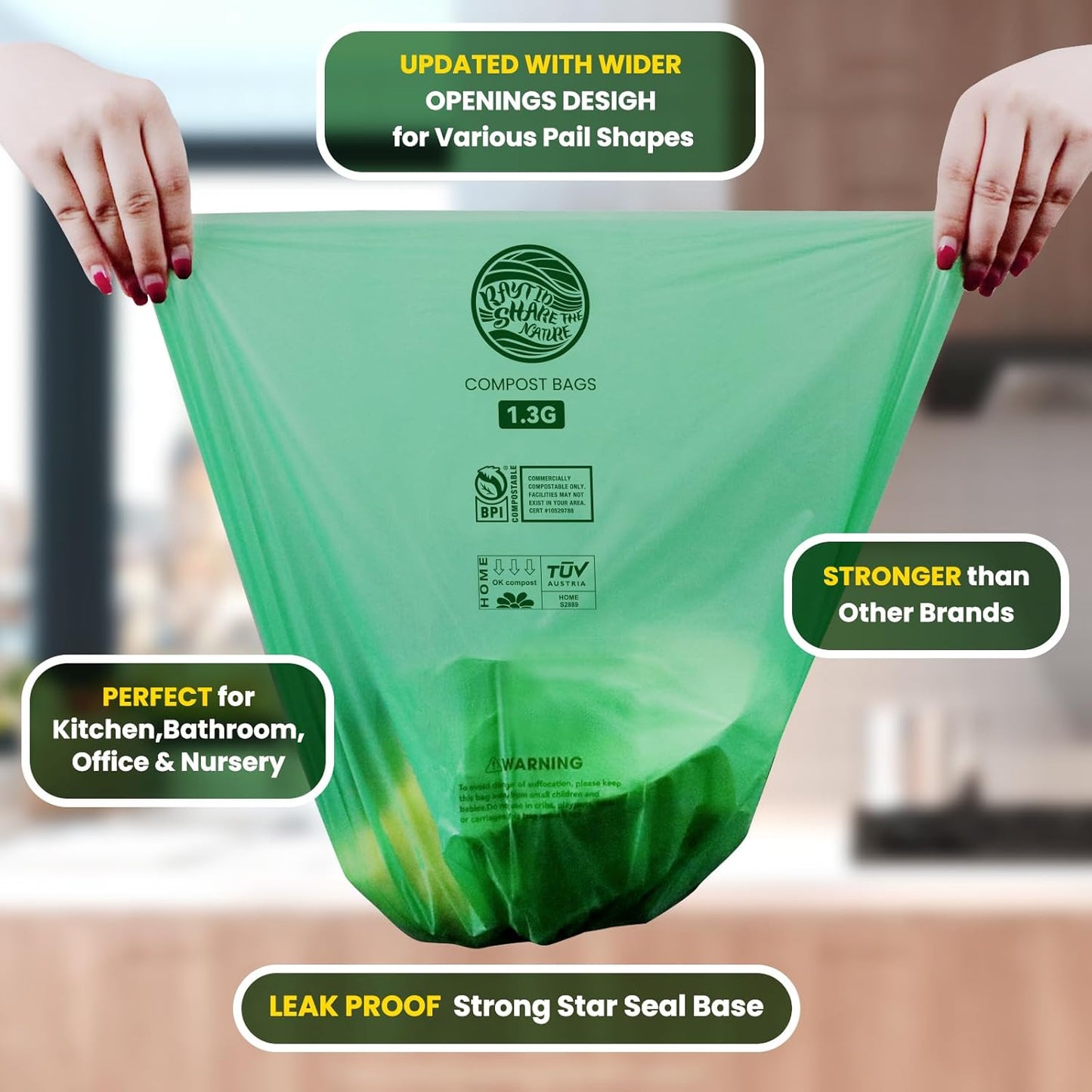 Compost Bags 1.3 Gallon,100 Count,Compostable Small Trash Bags for Kitchen Countertop Compost Bin 0.75, 1,1.2, 1.3Gallon,ASTM D6400, US BPI and Europe OK compost HOME certified