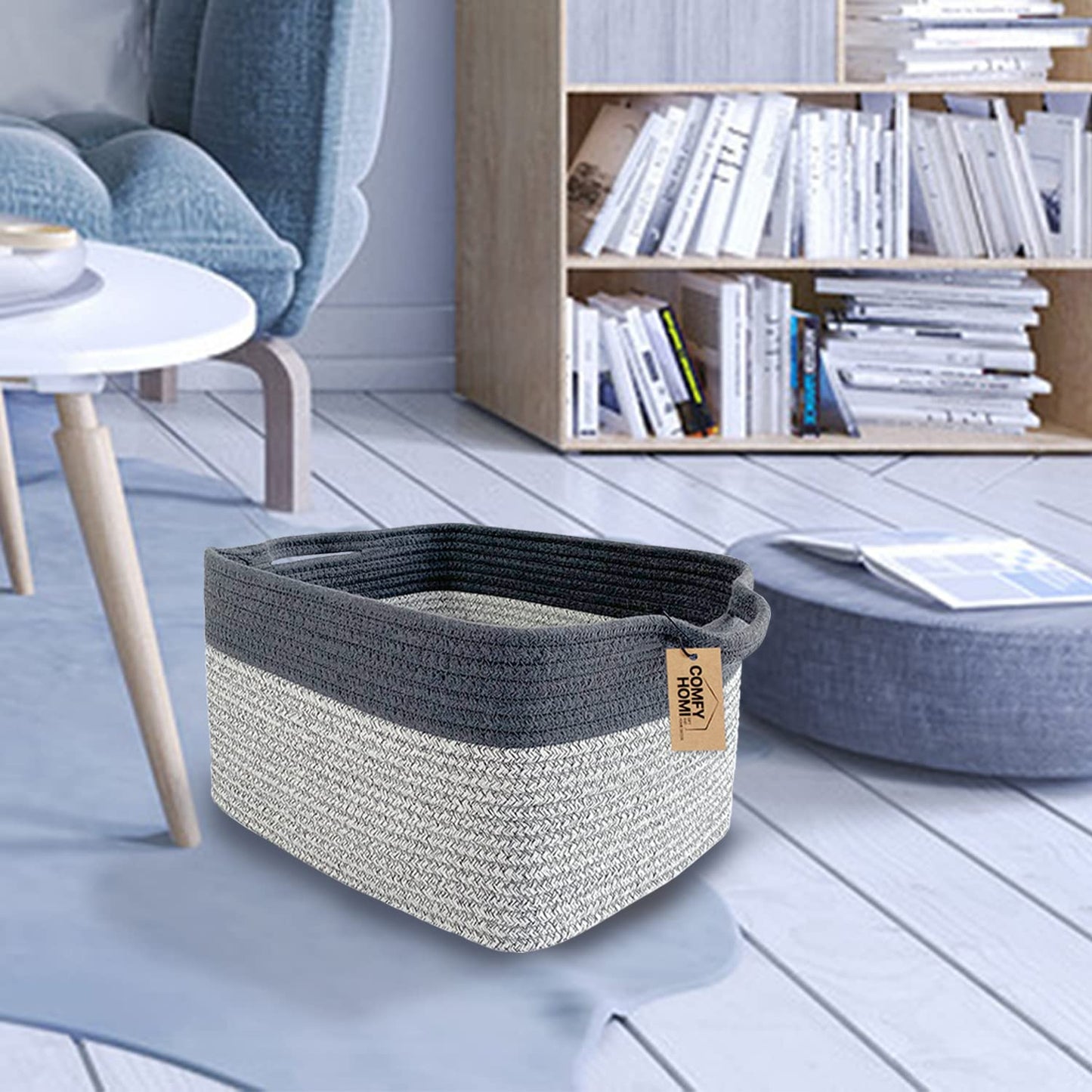COMFY-HOMI 3Pack Cotton Rope Square Basket with Handles for Shelves|Dog Toy Storage Bin|Shoe Organizer - New 13.5" x 11" x 9.5" (Light Grey)