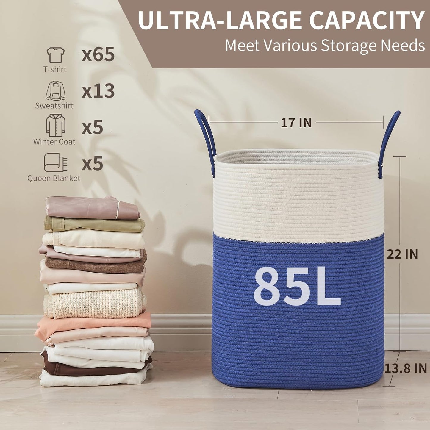 Laundry Basket with Handles - Blanket Basket & Hampers for Bedroom Aesthetic, Laundry Hamper & Blanket Storage for Living Room, Clothes Hamper, Tall, Large 17" x 14" x 23”, White & Dark Blue